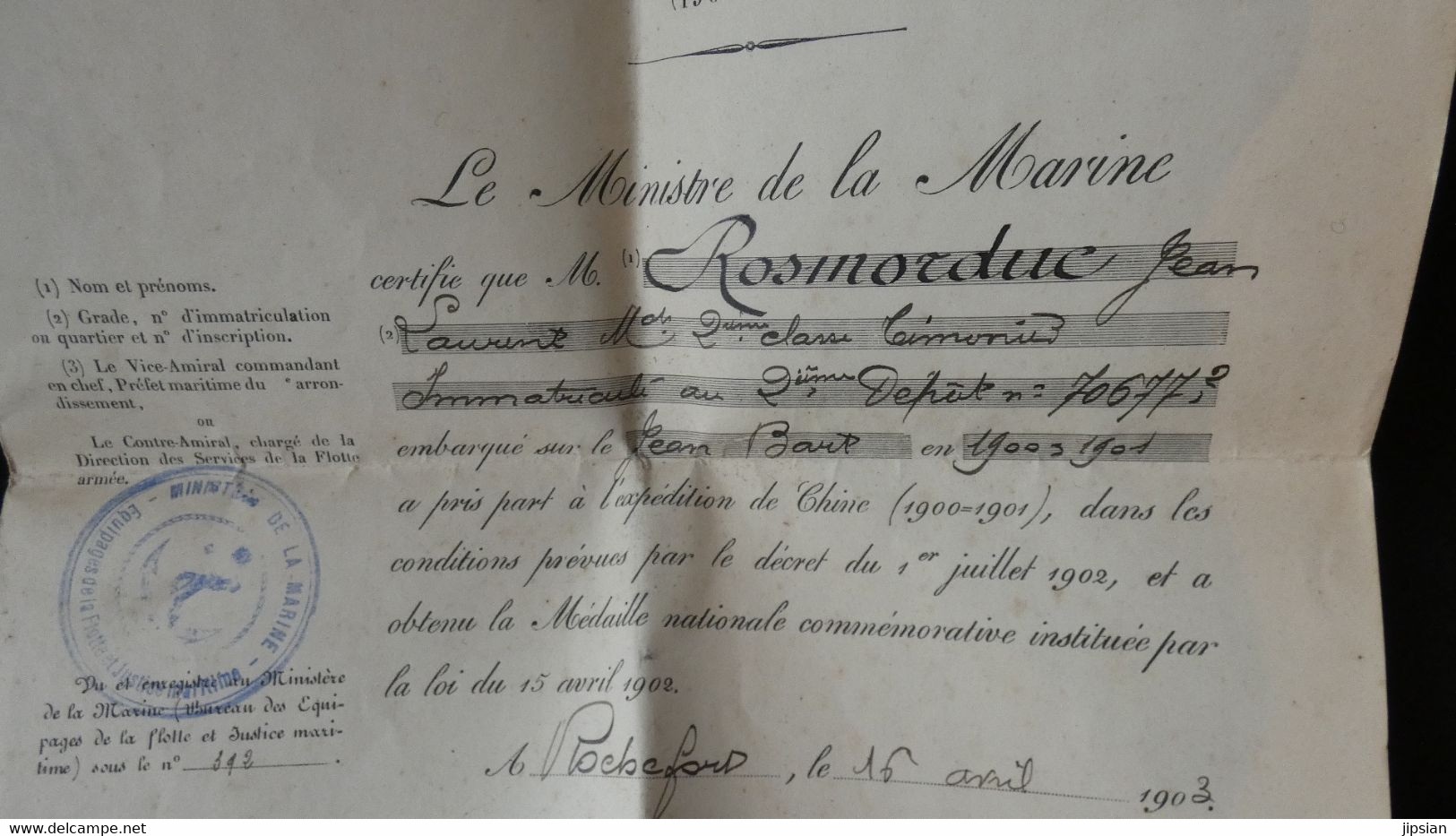 Diplôme Médaille Nationale Commémorative L' Expédition De Chine 1900/01 Marin Embarqué Sur Jean Bart Ministère Marine - Documenten