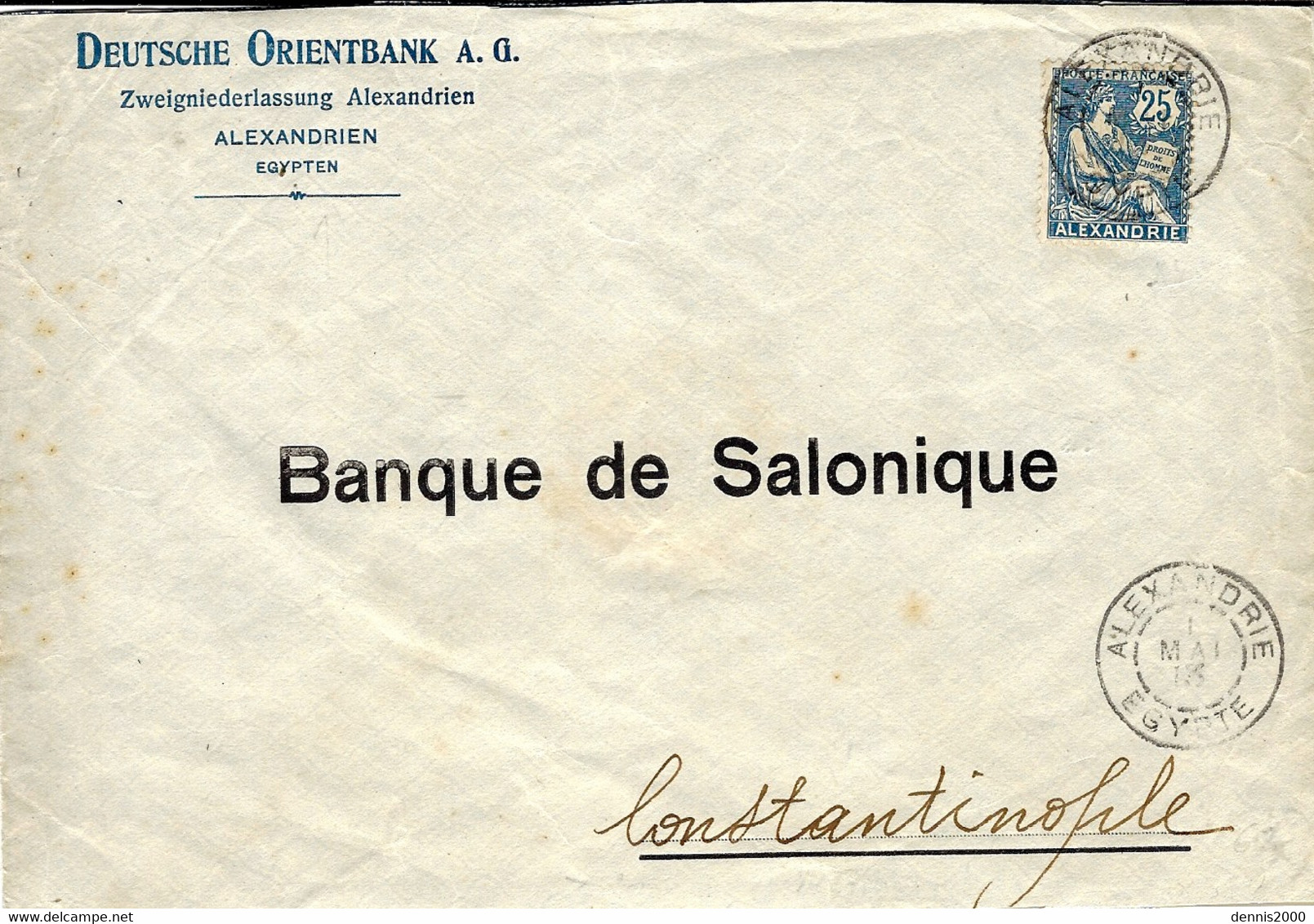 1913- Enveloppe  Affr. 25 C Mouchon D'ALEXANDRIE / EGYPTE  Pour Conetantinople - Lettres & Documents