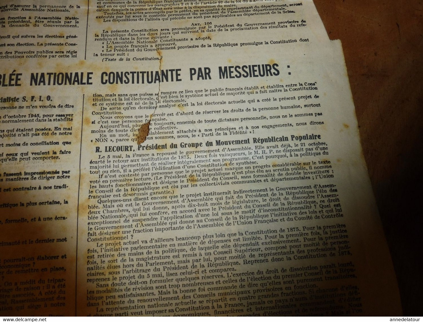 1946 CONSTITUTION DE LA REPUBLIQUE -signataires: Jacques Duclos ,Michel Clémenceau , Ferhat Abbas, Edouard Herriot , etc