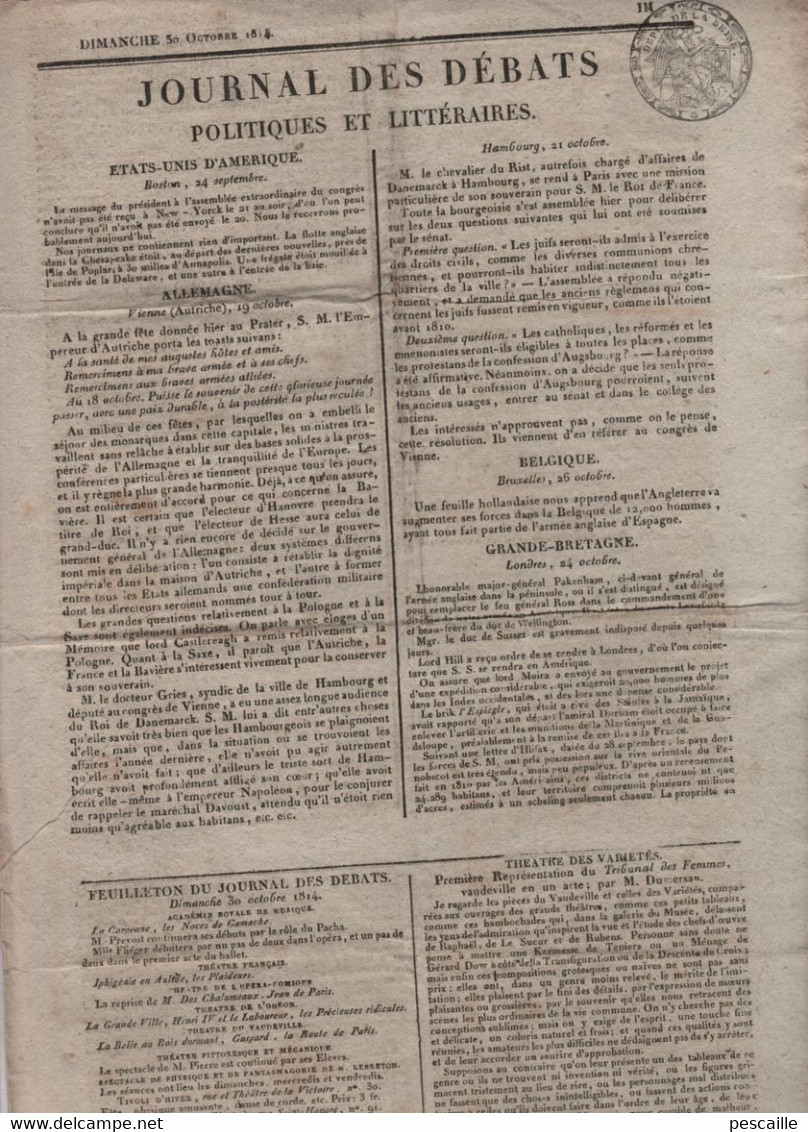 JOURNAL DES DEBATS 30 10 1814 - CONGRES DE VIENNE - GUERRE CANADA ETATS-UNIS MONROE - SAINT MARTIN ILE DE RE - - 1800 - 1849