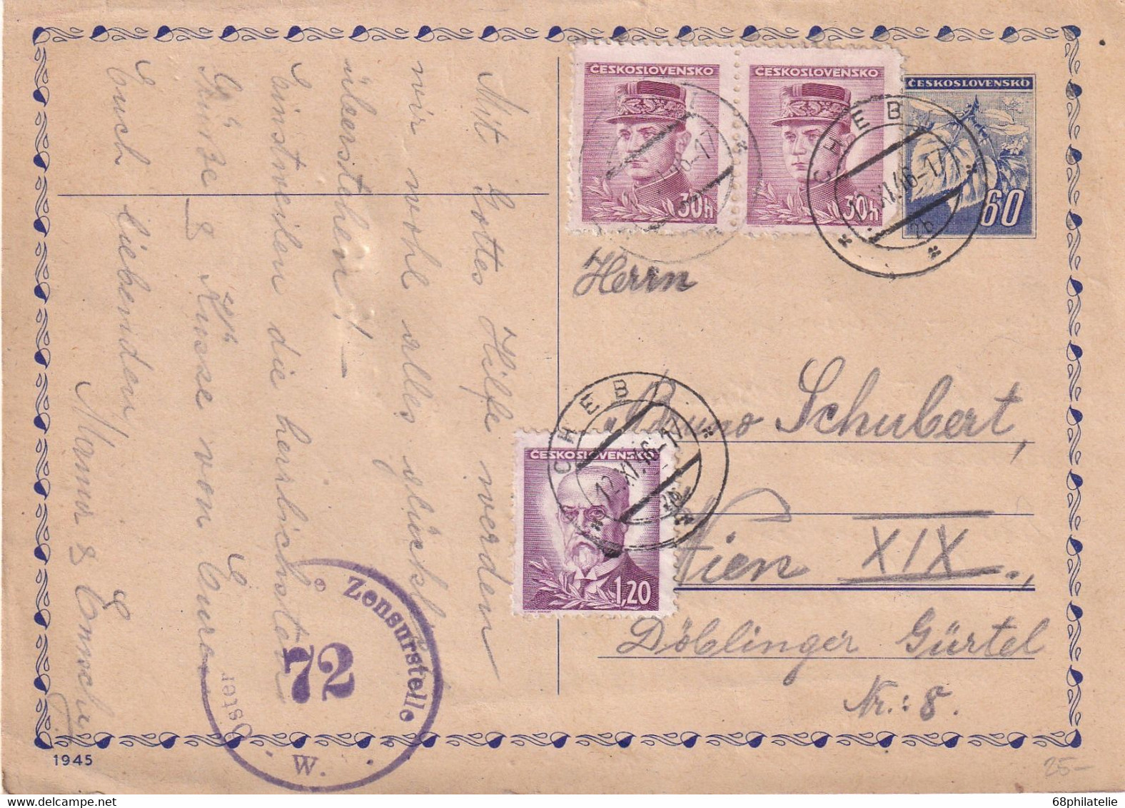 TCHECOSLOVAQUIE 1946    ENTIER POSTAL/GANZSACHE/POSTAL STATIONARY CARTE CENSUREE DE CHEB - Ansichtskarten