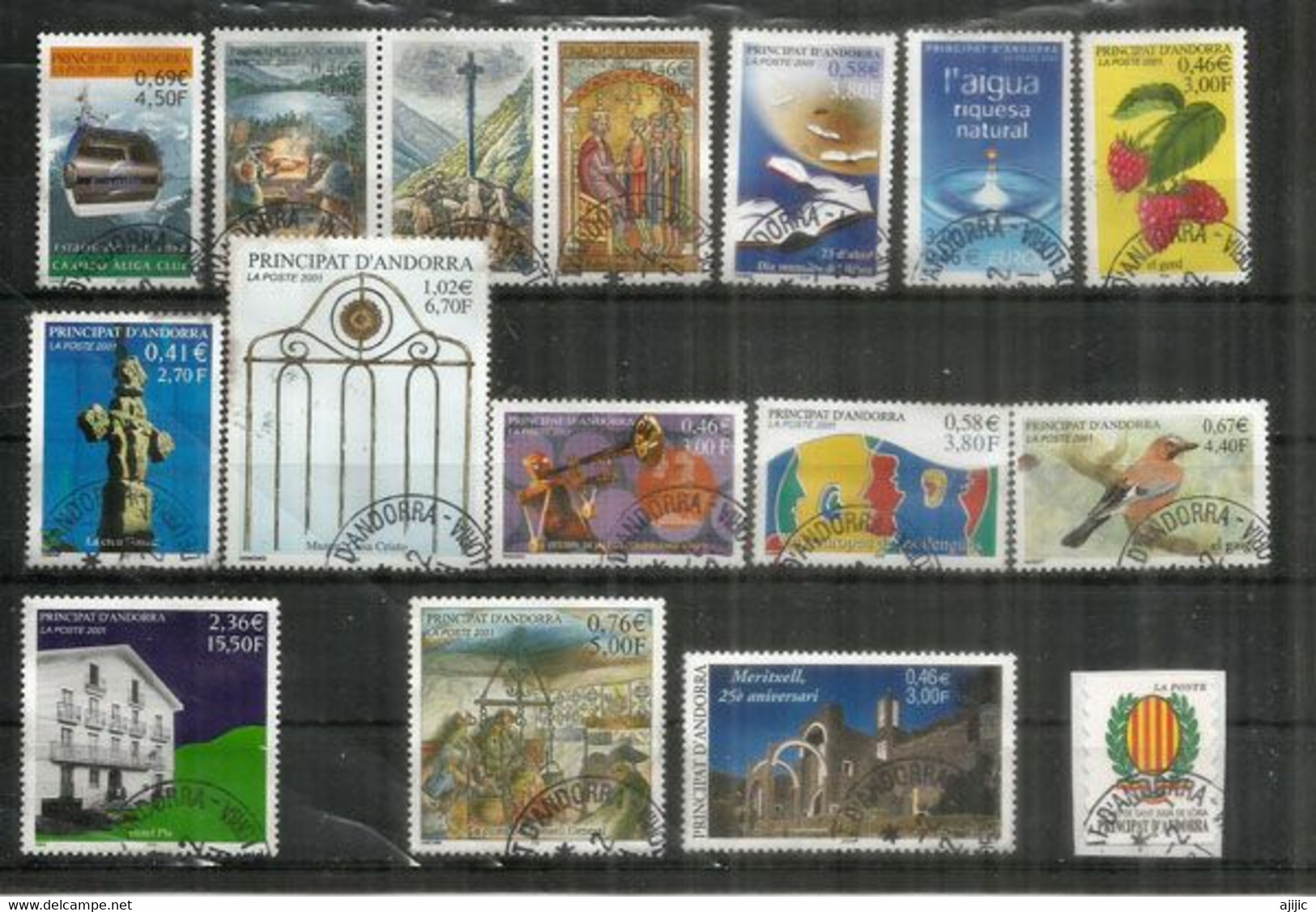 Année Complète 2001. 15 Timbres Oblitérés  1 ère Qualité (Festival De Jazz,Télécabine Canillo,oiseau Geai,etc) - Gebraucht