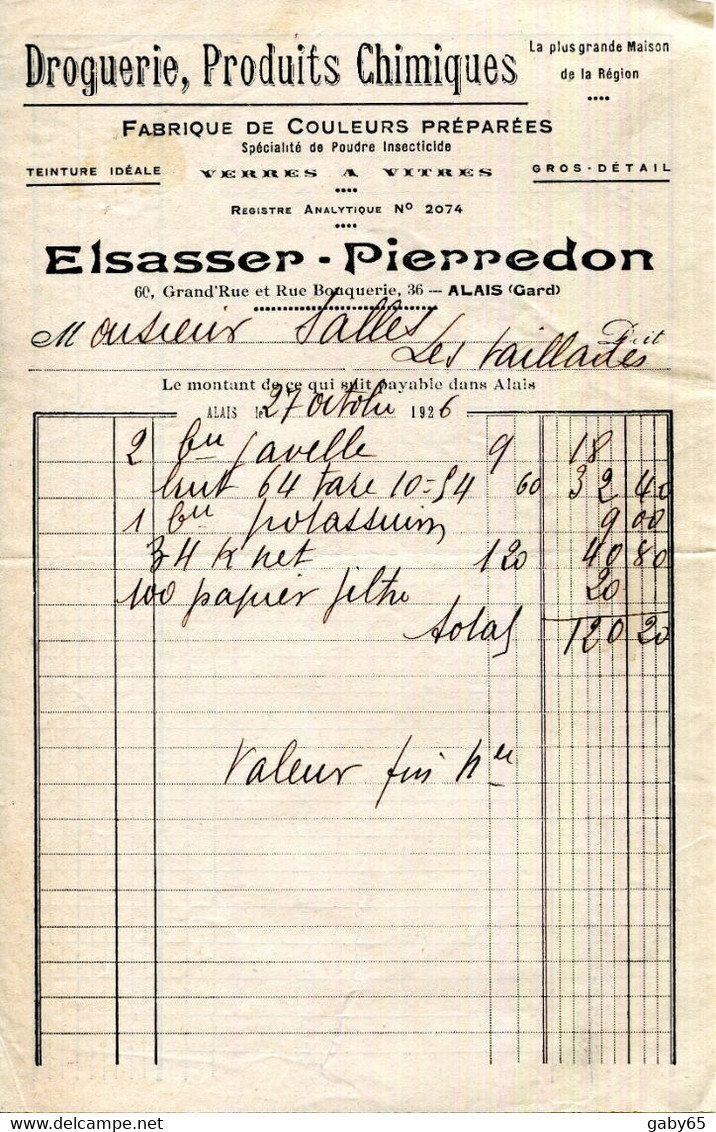 30.GARD.ALAIS.DROGUERIE.PRODUITS CHIMIQUES.FABRIQUE DE COULEURS.ELSASSER-PIERREDON.FACTURETTE. - Chemist's (drugstore) & Perfumery