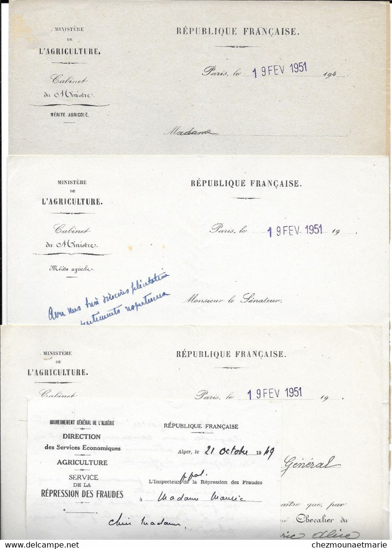 1949 1951 MAURIC ALICE COMMIS PRINCIPAL PREFECTURE D ALGER - CHEVALIER MERITE AGRICOLE - LOT DE 4 DOCUMENTS - Documents Historiques