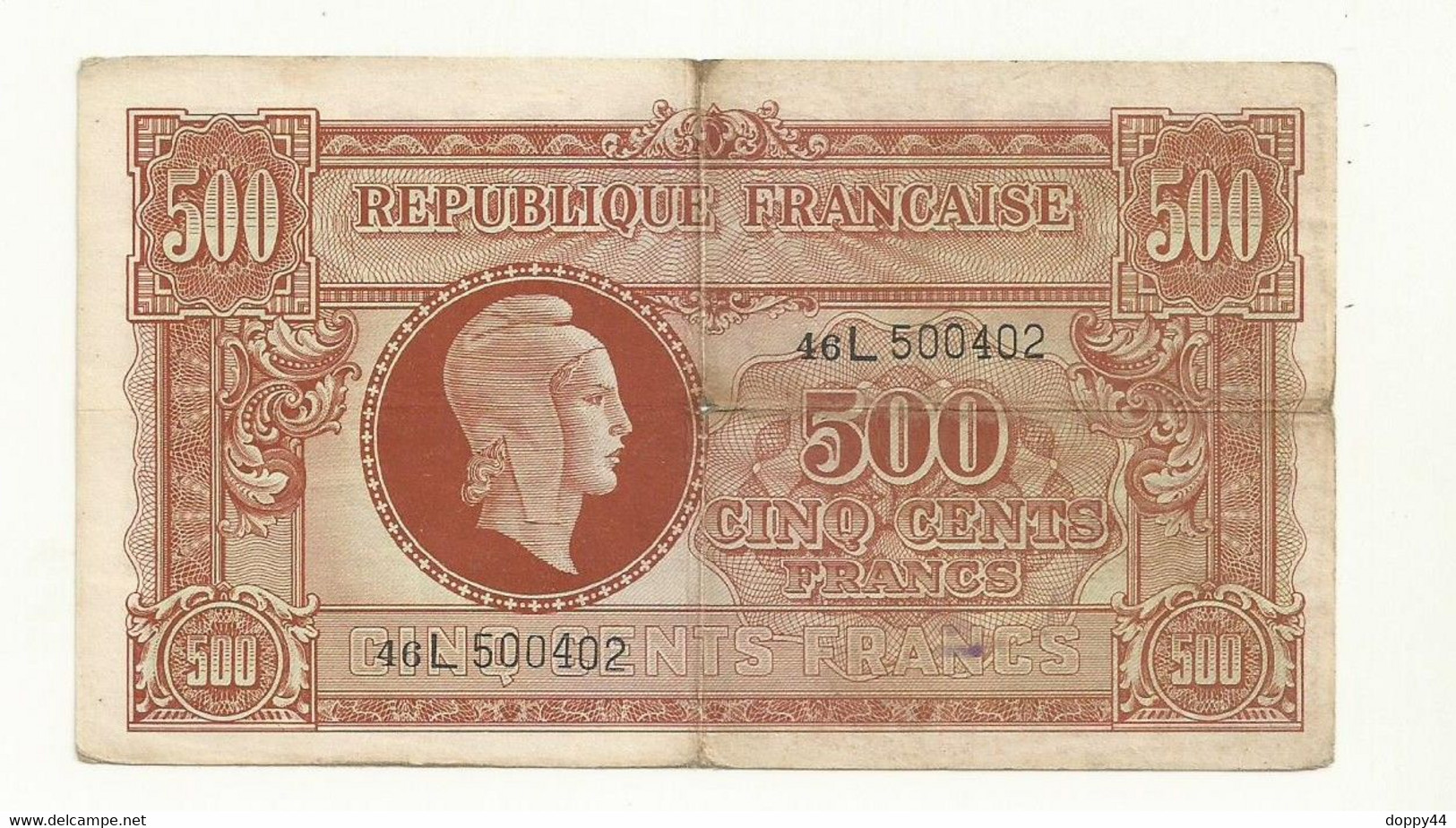 BILLET 500 FRANCS TRESOR/MARIANNE Série 46L500402  Pliure Centrale Mais  Bel Aspect. - 1943-1945 Maríanne