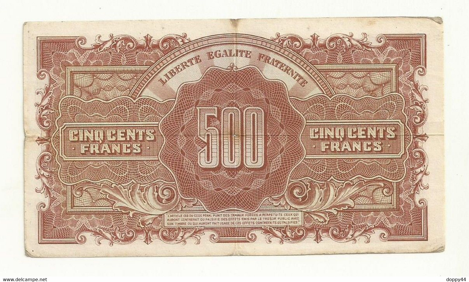 BILLET 500 FRANCS TRESOR/MARIANNE Série 46L500402  Pliure Centrale Mais  Bel Aspect. - 1943-1945 Maríanne