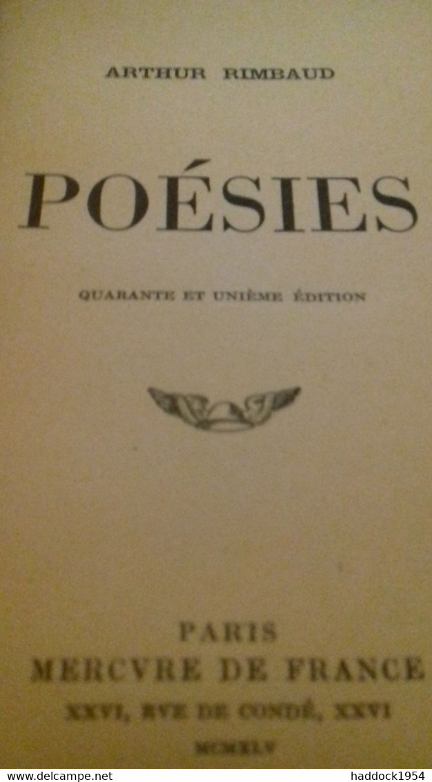 Poésies ARTHUR RIMBAUD Mercure De France 1945 - Auteurs Français