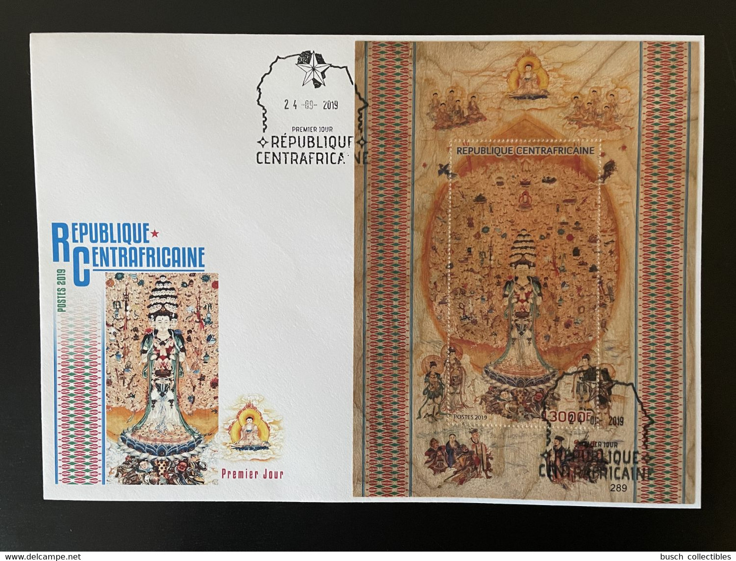 Centrafricaine 2019 FDC Mi. Bl. ? Chinese Art Thousand Hands Buddhism Bouddhisme Buddhismus Wooden Wood Bois Holzfurnier - Centrafricaine (République)