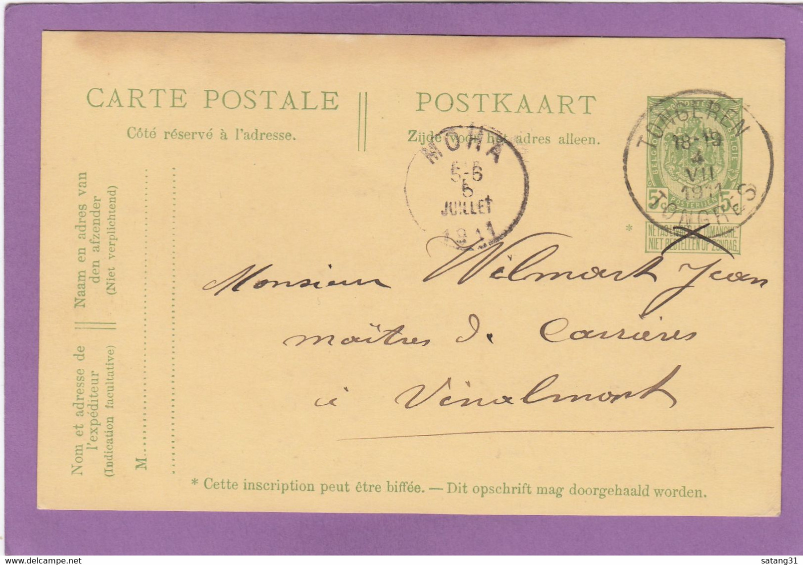 ENTIER POSTAL DE TONGEREN/TONGRES POUR VINALMONT ,POSTE A MOHA. - Cartes Postales 1909-1934