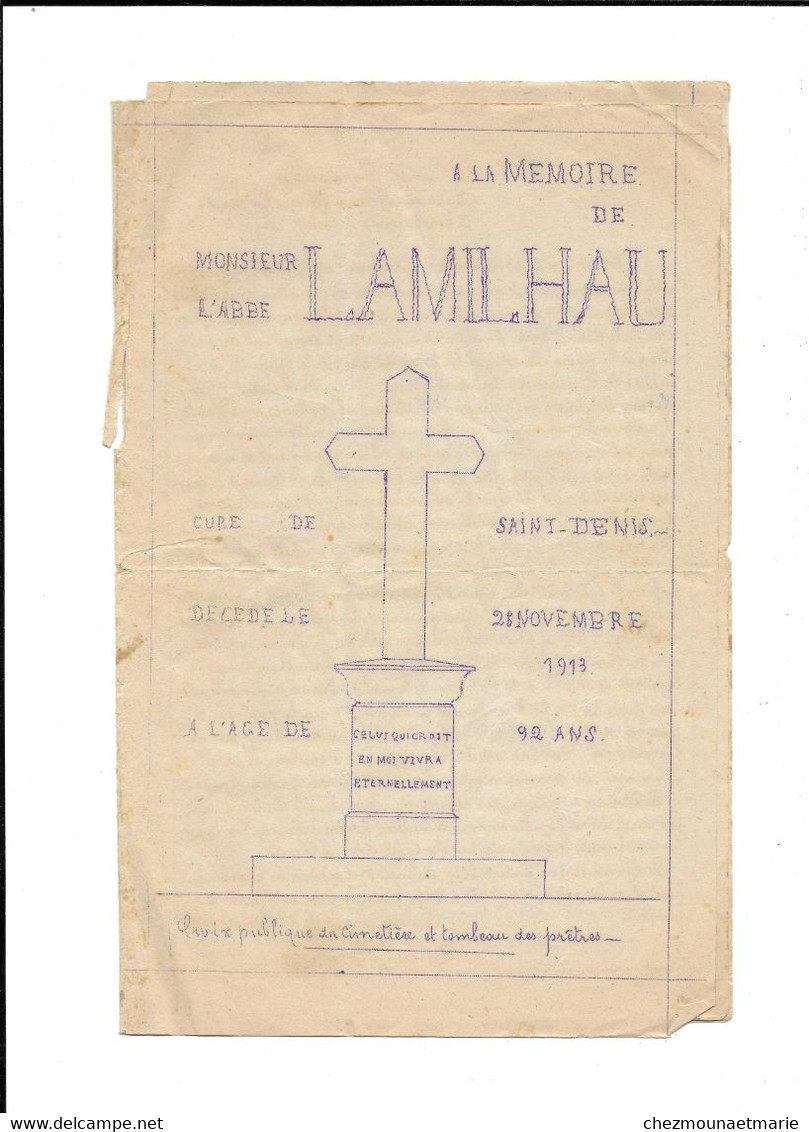 ABBE H. LAMILHAU CURE DE SAINT DENIS (AUDE) DCD EN 1913 A 92 ANS - POLYCOPIE EN SA MEMOIRE - Documents Historiques