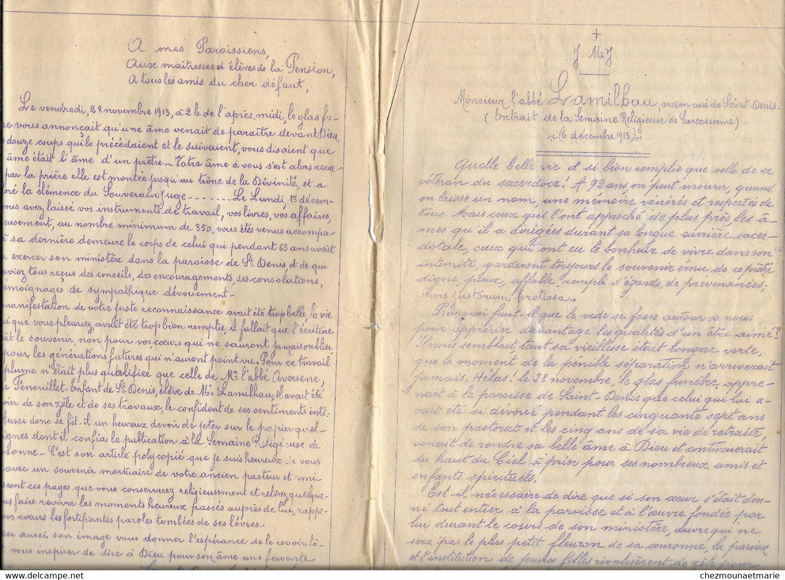 ABBE H. LAMILHAU CURE DE SAINT DENIS (AUDE) DCD EN 1913 A 92 ANS - POLYCOPIE EN SA MEMOIRE - Documents Historiques