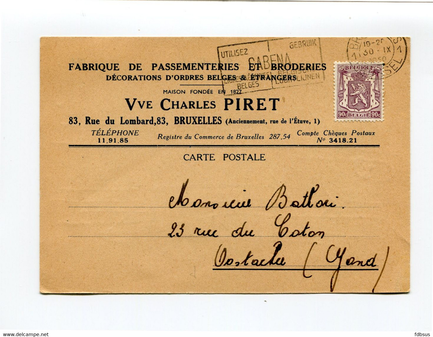 1950 Kaart 90c Van Vve Charles PIRET Bruxelles Broderies -  Naar Oostakker Mr Bathori - SABENA - Flammes