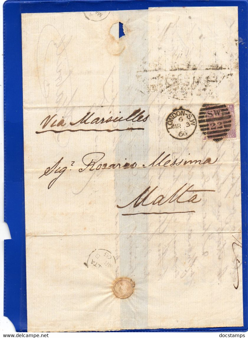 ##(DAN2102)-Great Britain 1866-Six Pence On Full Text Bend Letter From London To  Malta Via Marseilles, SW22  Cancel - Covers & Documents