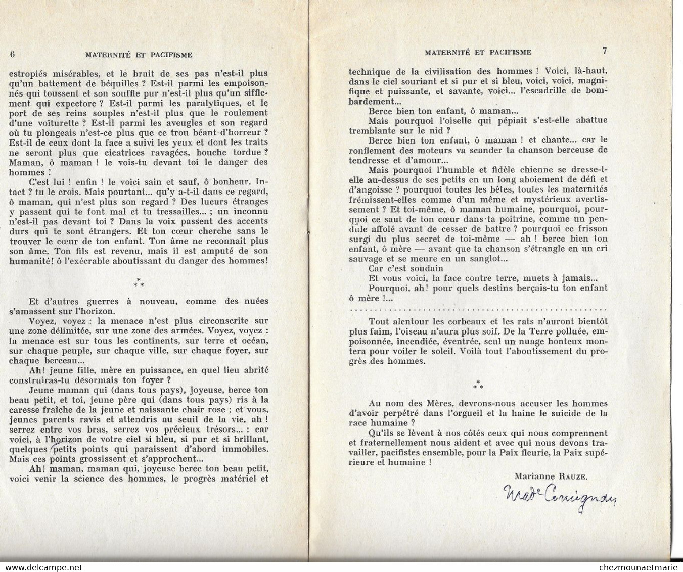 1932 MARIANNE RAUZE OU COMIGNAN DECEDEE A PERPIGNAN JOURNANLISTE FEMINISTE - MATERNITE ET PACIFISME - LIVRET DE 7 PAGES - Psychology/Philosophy