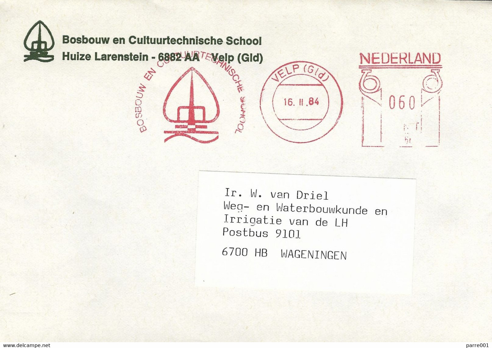 Nederland Netherlands 1984 Velp Meter Postalia “P” PR4665 Forestry School EMA Cover - Máquinas Franqueo (EMA)