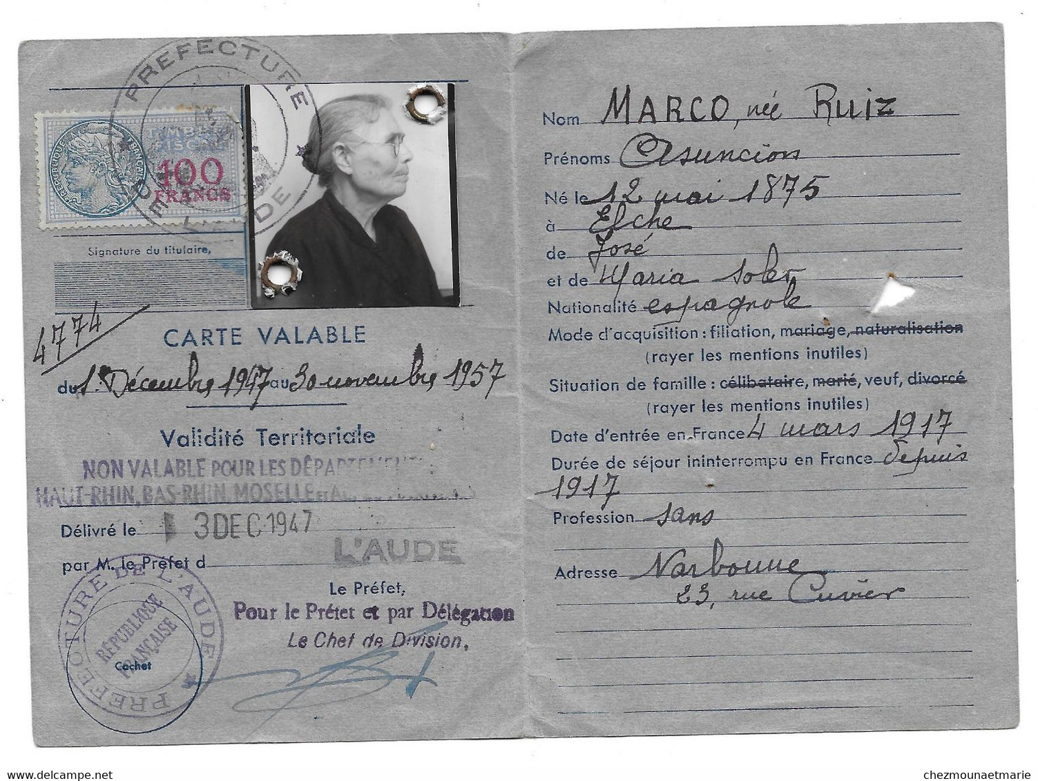 1947 AUDE - RUIZ ASUNCION VVE MARCO HABITANT NARBONNE RUE CUVIER NEE EN 1875 A ELCHE (ESPAGNE) - CARTE DE SEJOUR - Documents Historiques