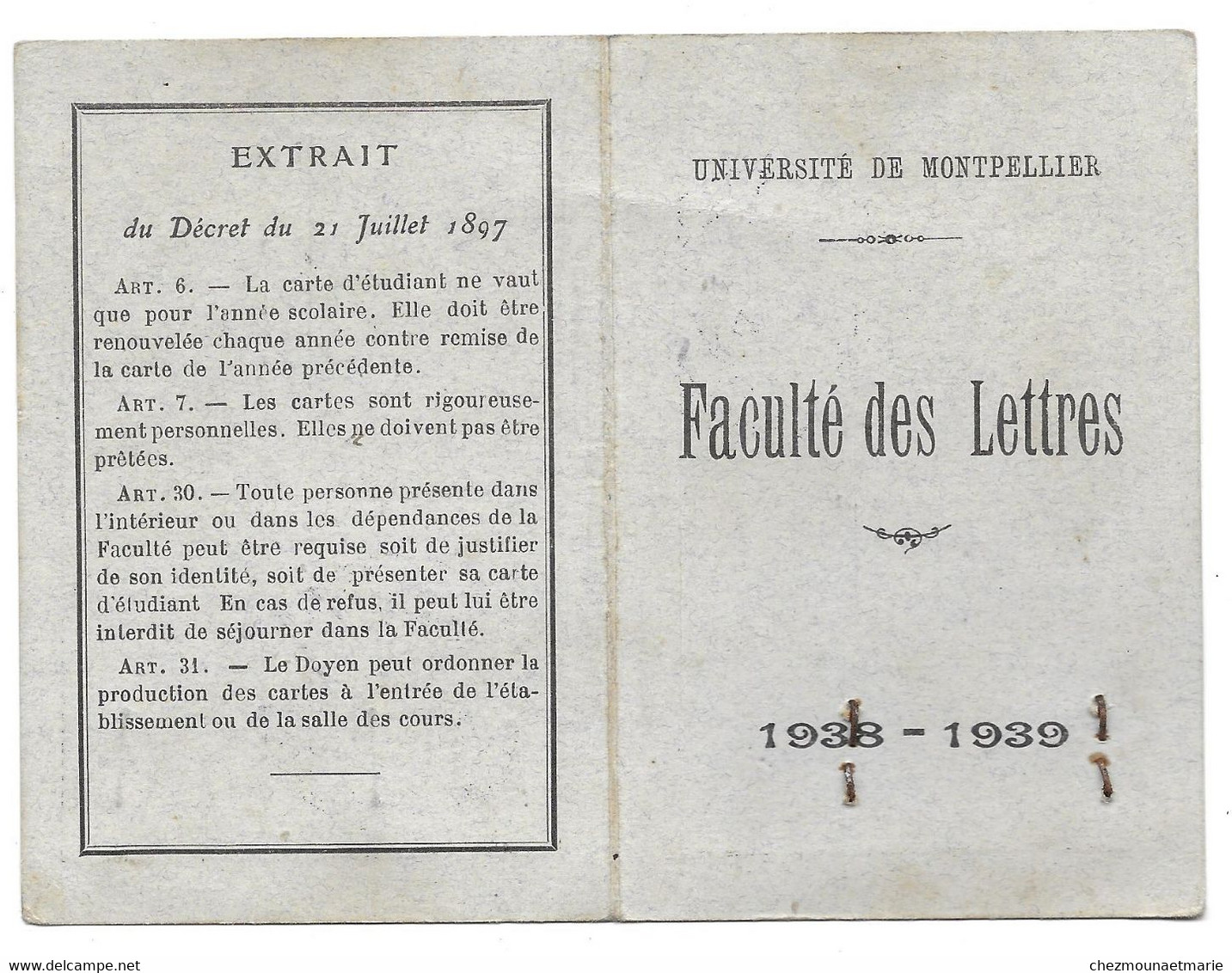 1938 1939 - UNIVERSITE DE MONTPELLIER - M. CARIO ETUDIANT EN HISTOIRE MODERNE FACULTE DE LETTRES - CARTE - Documents Historiques
