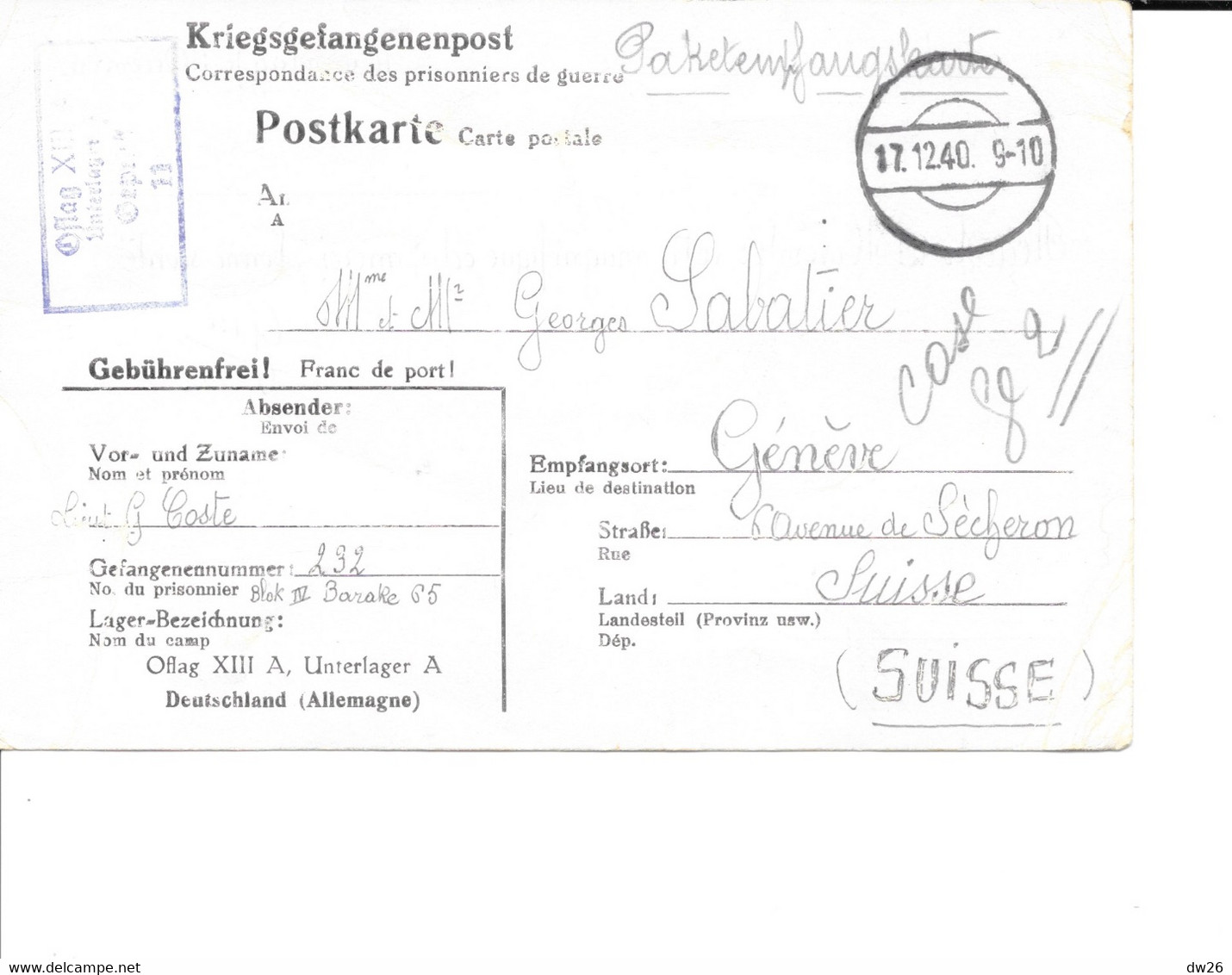 Carte De Correspondance Des Prisonniers De Guerre 1940 Adressé à Georges Sabatier (Genève) De G. Coste (Nuremberg)(?) - Weltkrieg 1939-45