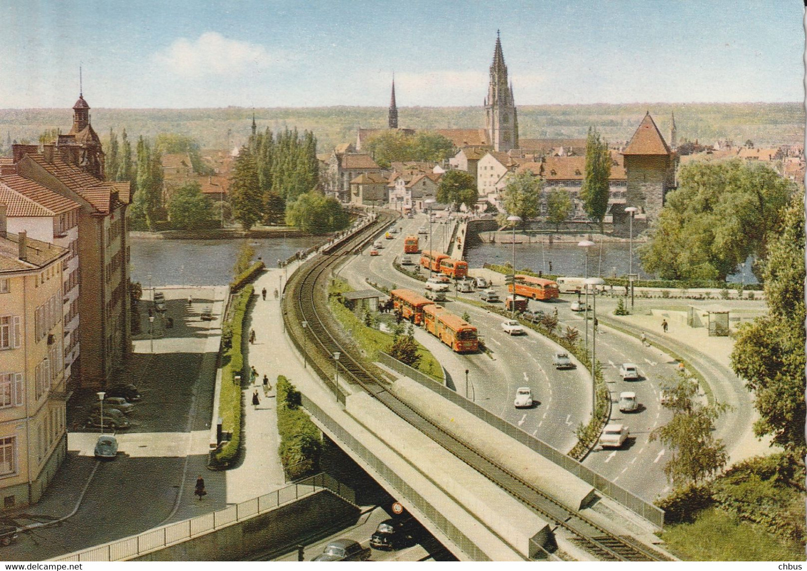 Konstanz (D), Rheinbrücke Mit Münster; Autobus; Viele Oldtimer - Autres & Non Classés