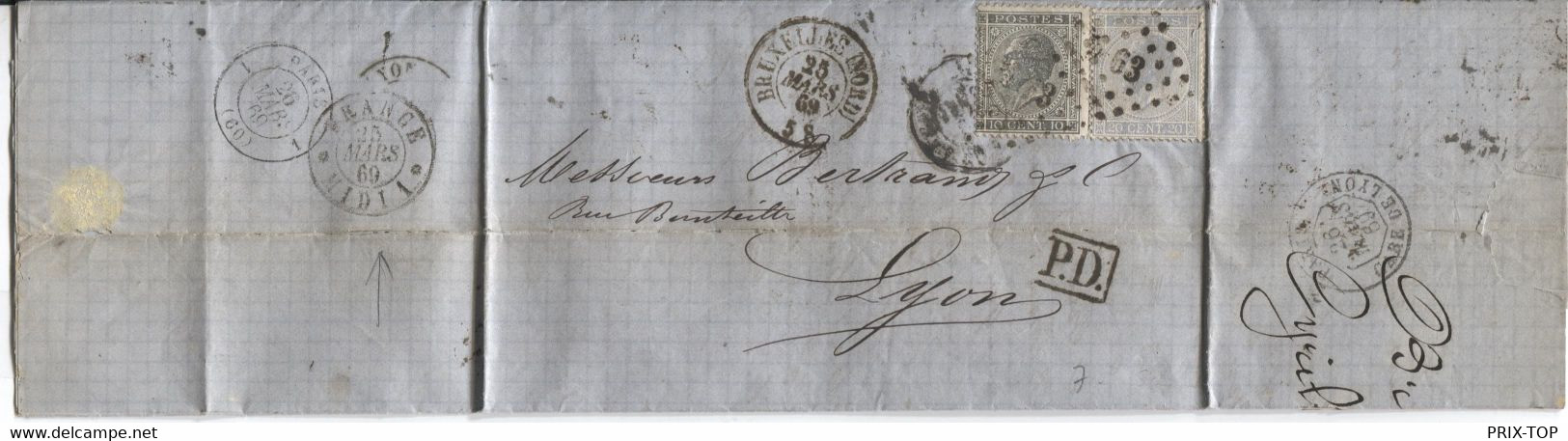 REF3396/ TP 17-18 S/LAC Cyrille Bruyneel Fabrique De Chocolat C.BXL (Nord) 1869 LOS 63 > Lyon Divers Ambt Et Entrées - Postmarks - Points