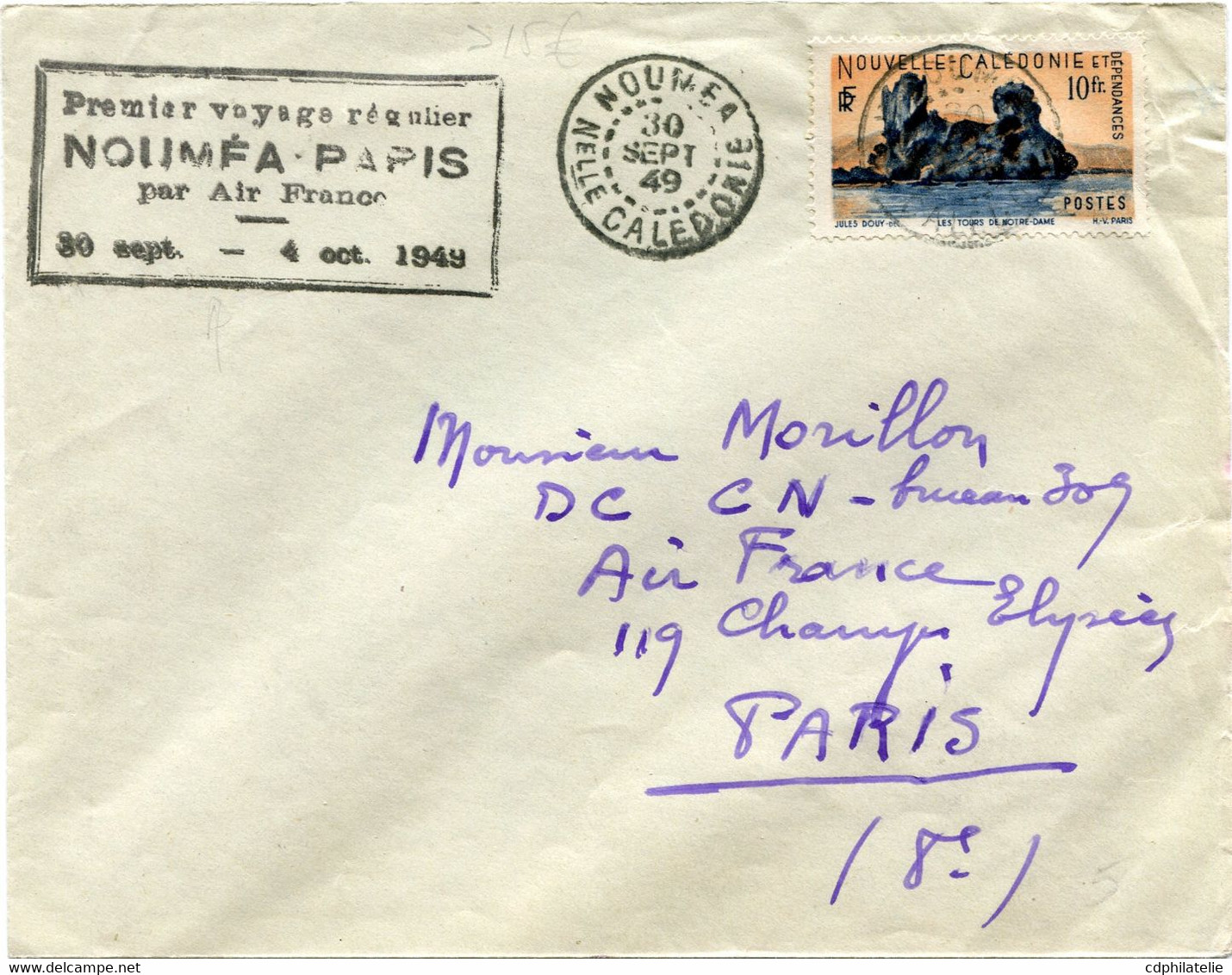 NOUVELLE-CALEDONIE LETTRE PAR AVION DEPART NOUMEA 30 SEPT 49 Nelle CALEDONIE POUR LA FRANCE - Cartas & Documentos