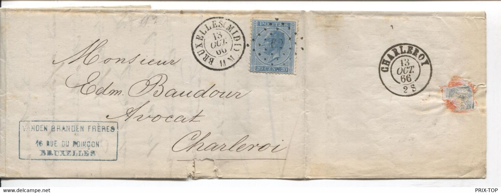 REF3400/ TP 18 S/LAC Vanden Branden Frères C.BXL (Midi) 1866 + LOS PTS 62 > Charleroi C.d'arrivée - Annulli A Punti