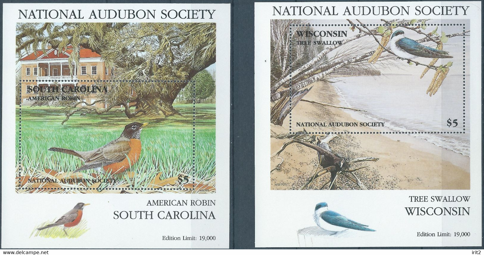 Stati Uniti D'america,United States,U.S.A,NATIONAL AUDUBON SOCIETY Birds - 2 BLOCKS VALUE OF $5 EACH, MNH - Lokalausgaben