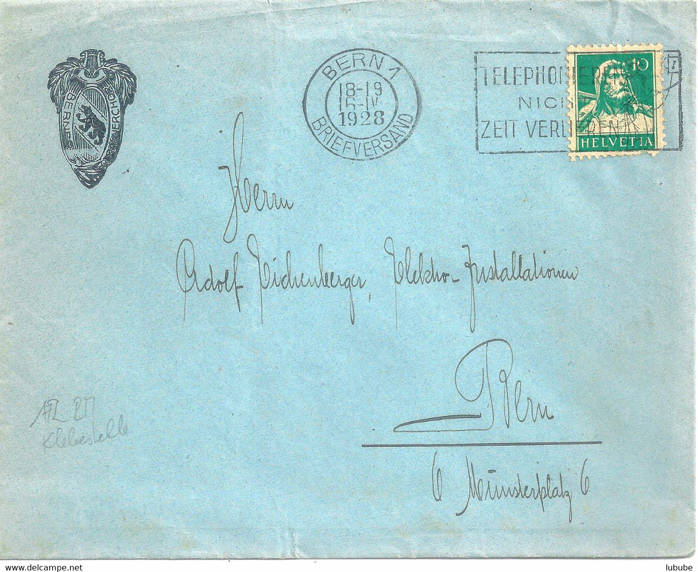Motiv Brief  "Berner Männerchor"  (Rollenmarke / Klebestelle)         1928 - Franqueo