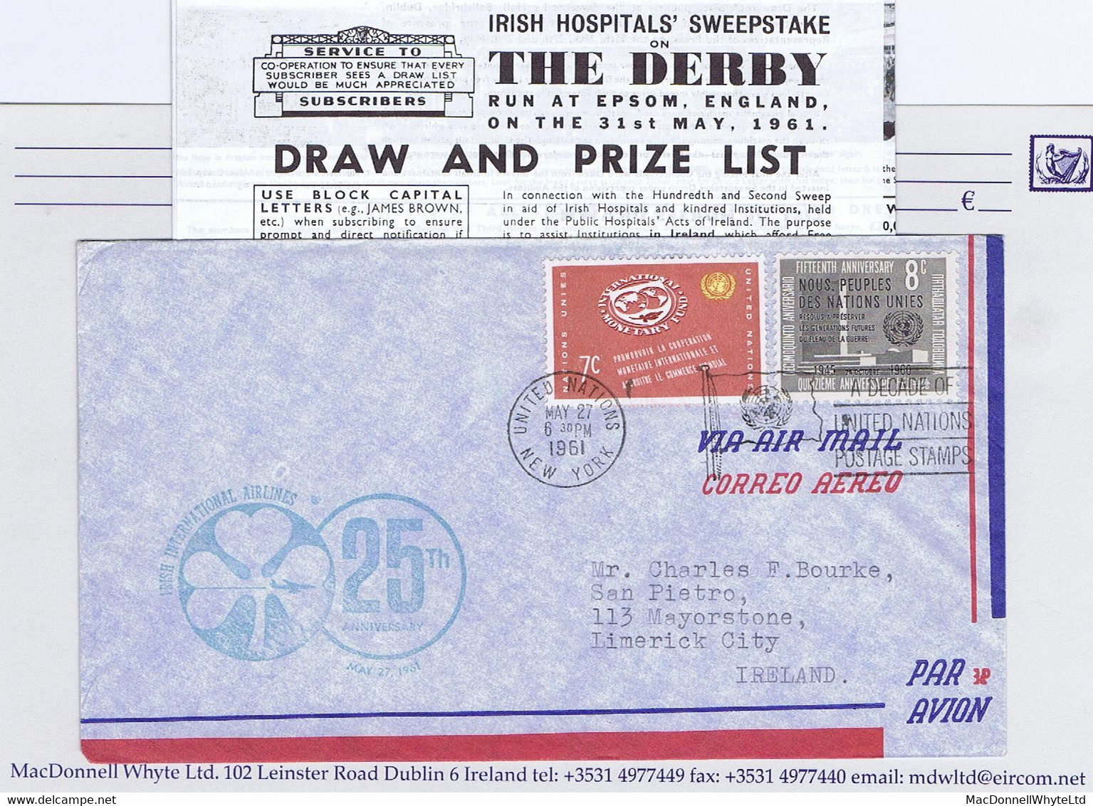 Ireland Airmail 1961 Aer Lingus 25th Anniversary Flight, United Nations Franking, Green IRISH INTERNATIONAL AIRLINES - Aéreo