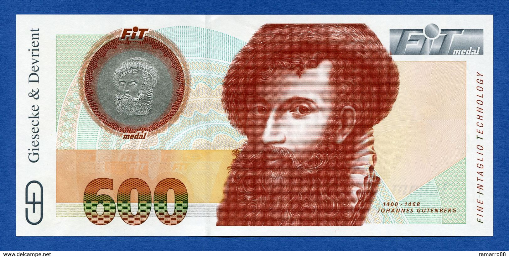 Giesecke & Devrient G&D Johannes Gutenberg FIT Medal 600 - Specimen Test Note Unc - Ficción & Especímenes