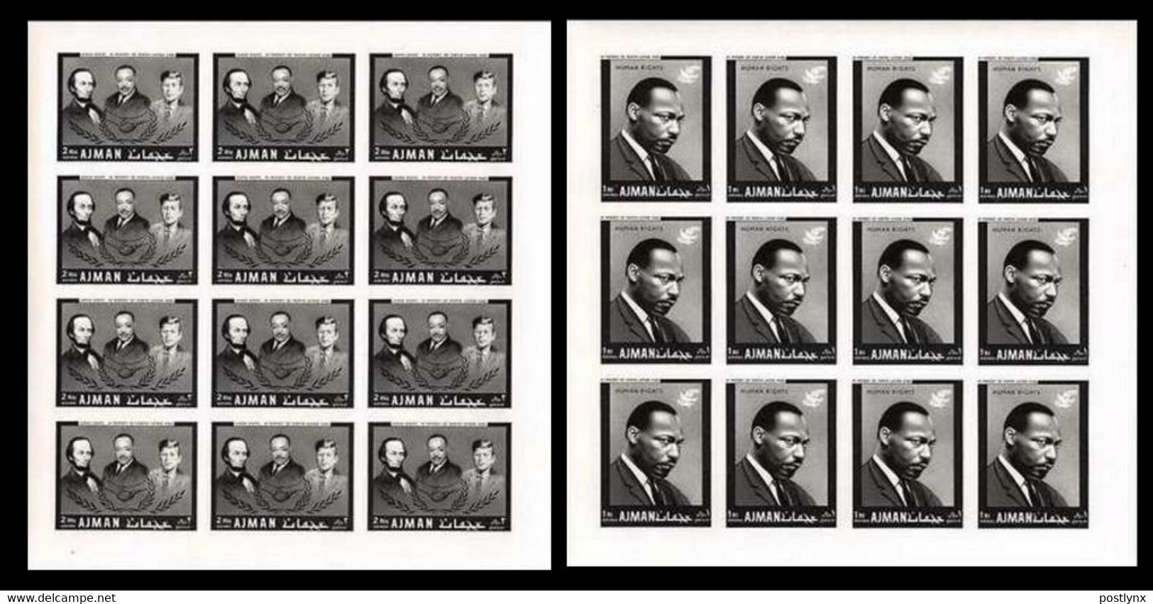 AJMAN 1968 Human Rights Martin Luther King 1R 2R IMPERF.SHEETS (2x12 Stamps) - Martin Luther King