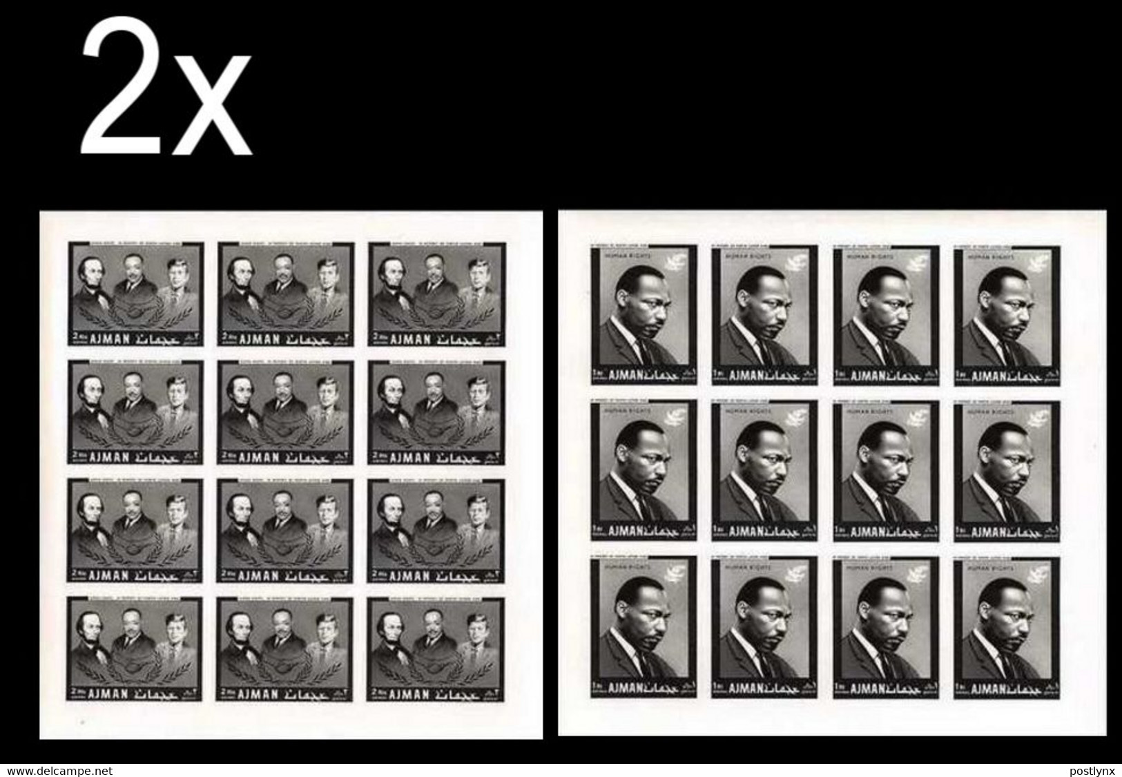 BULK: 2 X AJMAN 1968 Human Rights Martin Luther King 1R 2R IMPERF.SHEETS (2x12 Stamps) - Martin Luther King