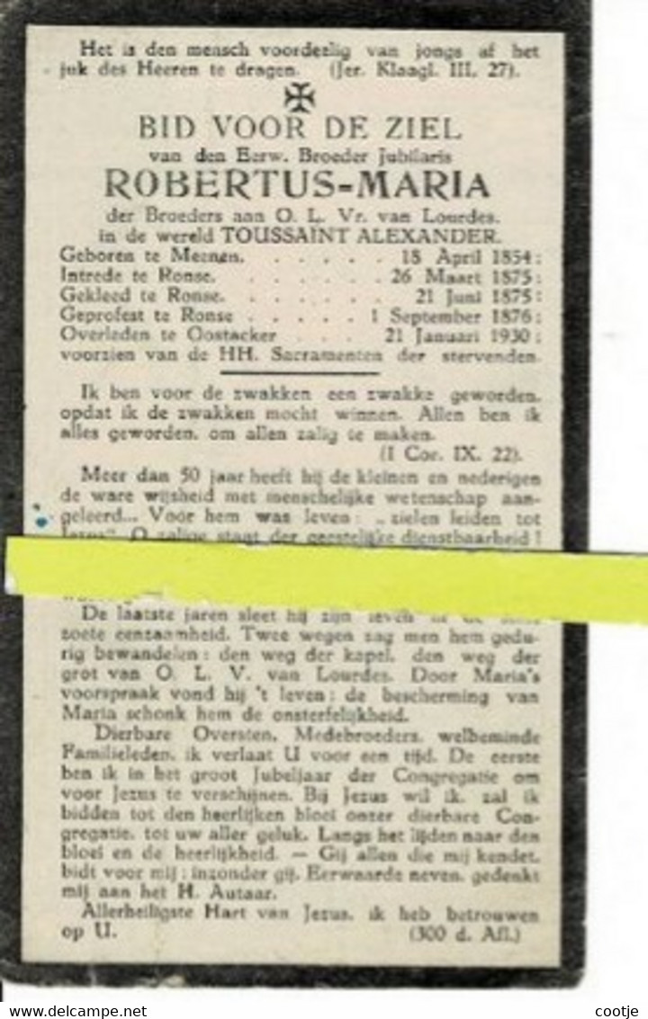 Alexander Toussaint (broeder Geprofest Te Ronse ) O Menen 1854 + Oostakker 1930 - Images Religieuses