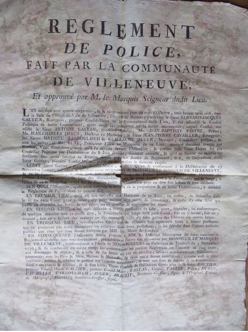 VILLENEUVE LES BEZIERS 1783: Réglement De Police...affiche 36x45 Cm.    état ,voir Photos. - Documentos Históricos