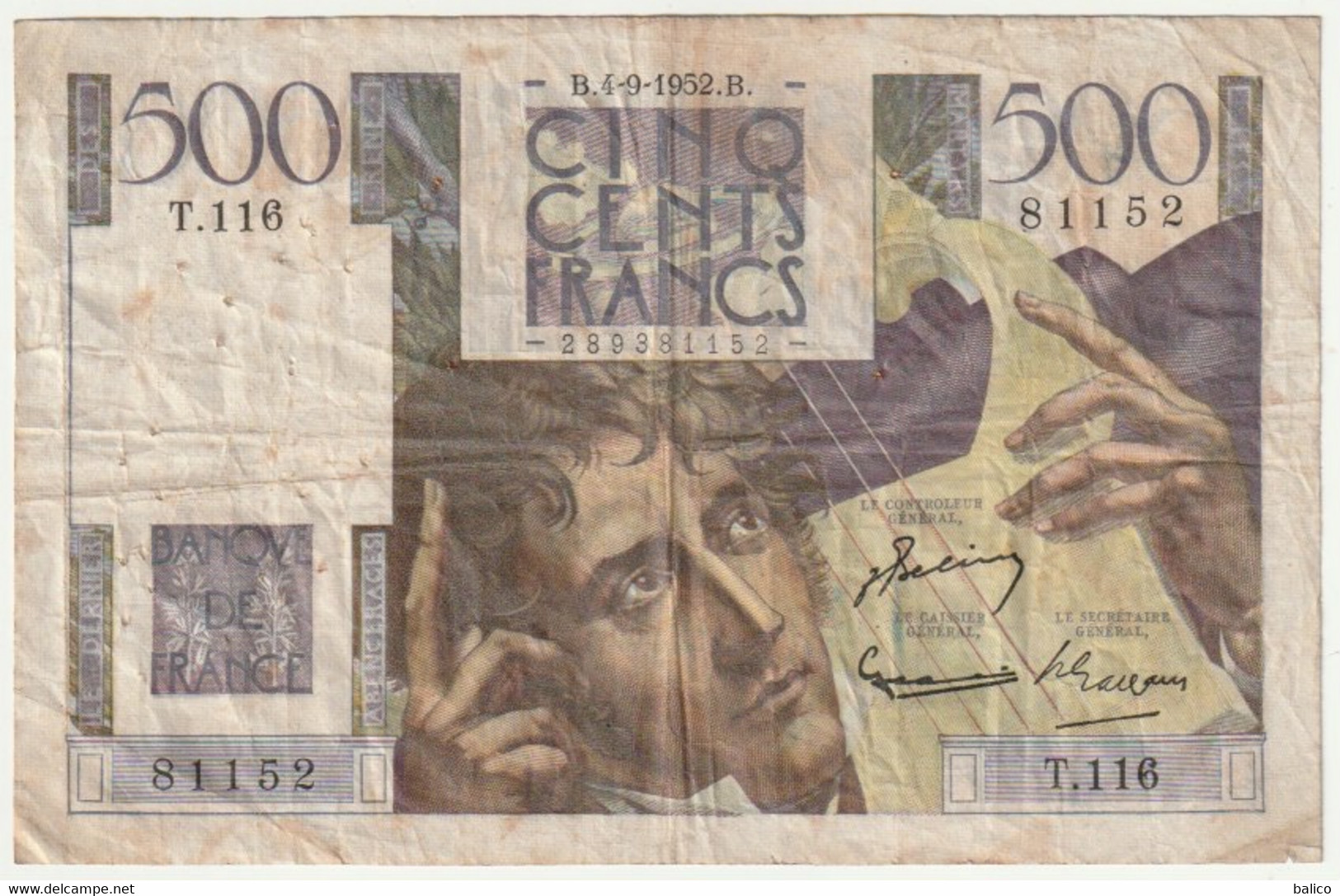 Billet De  500 Francs - Chateaubriand  - 4-9-1952 - N°  81152 T.116 - 500 F 1945-1953 ''Chateaubriand''