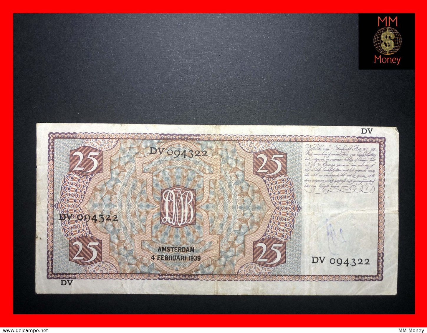 NETHERLANDS 25 Gulden  4.2.1939  P.  50   VF - 25 Gulden