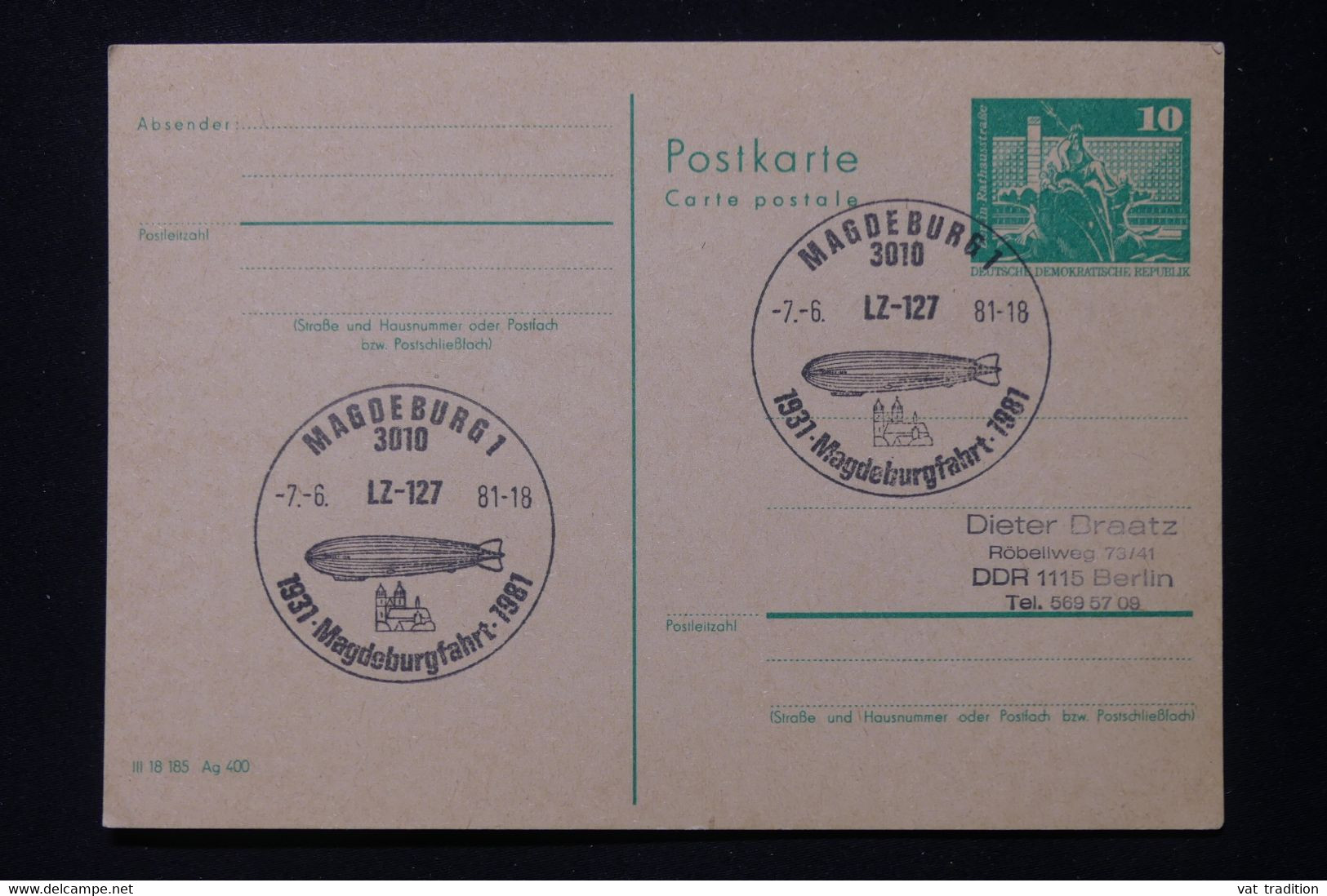 ALLEMAGNE - Entier Postal Avec Oblitération Temporaire Zeppelin De Magdeburg En 1981 Pour Berlin - L 88428 - Postkaarten - Gebruikt