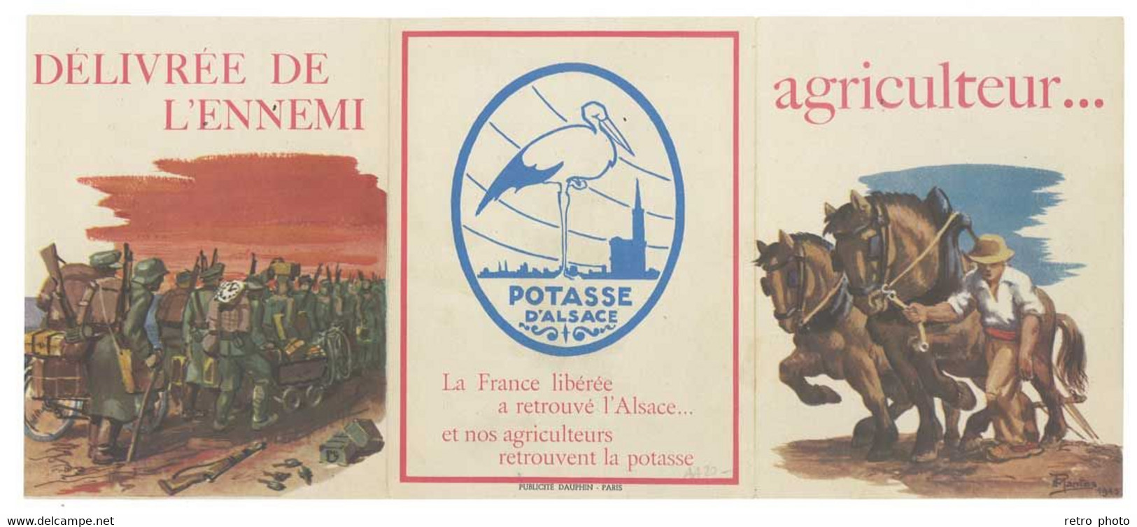 Dépliant Pub 3 Volets Potasse D'Alsace, Patriotique, Soldats, Tank, Signée P. Mantes ( Cigogne Hansi ) - Advertising