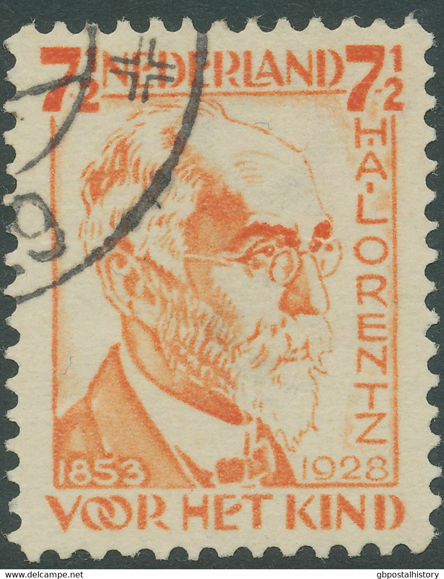 NIEDERLANDE 1928 Voor Het Kind Lorentz 7 1/2 C Gest. In ORANGE Statt ROTER FARBE - Variétés Et Curiosités