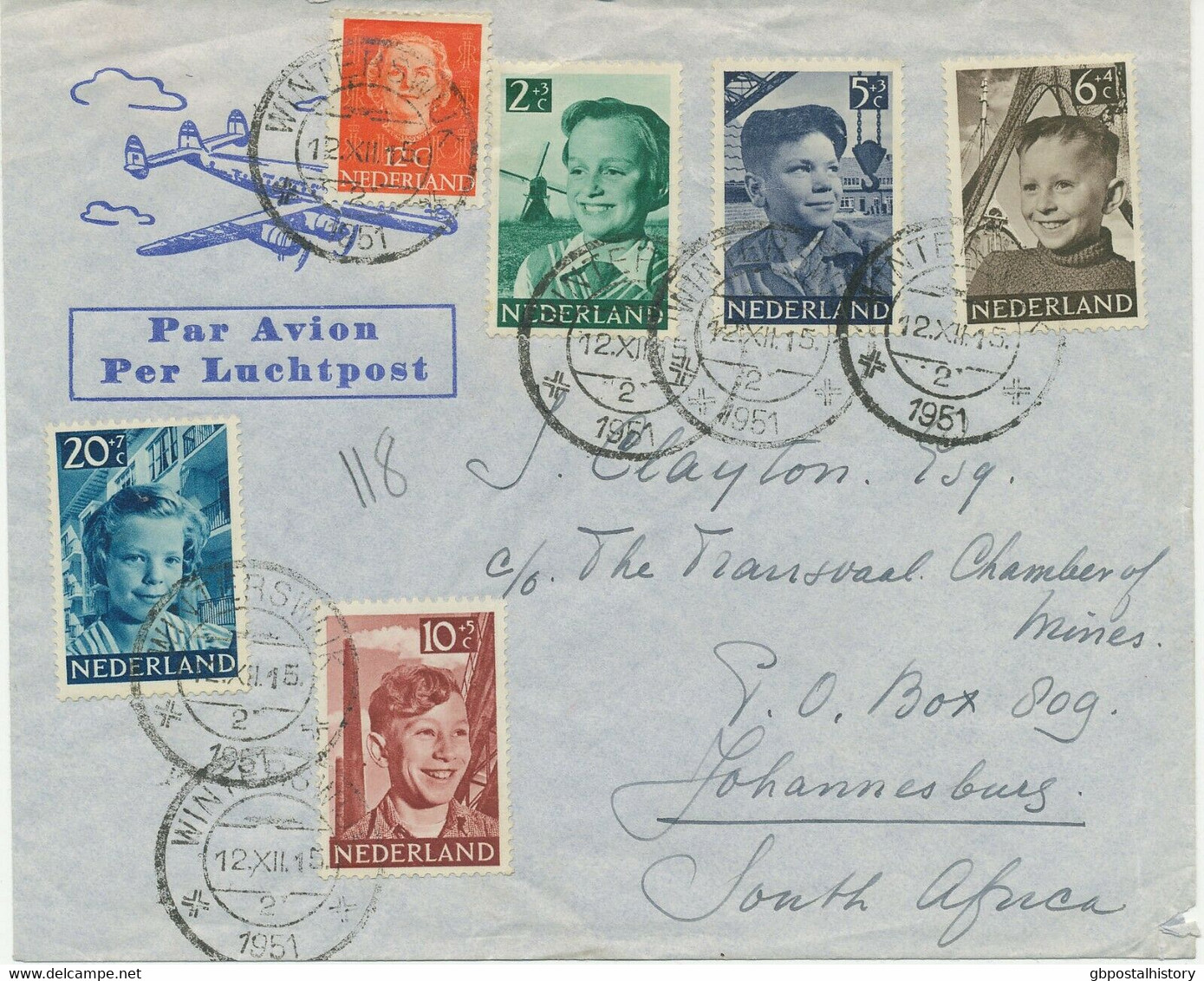 NIEDERLANDE 1951 Voor Het Kind Kpl. M. Zusatzfrankatur Portogerechte Luftpostbf. - Poste Aérienne