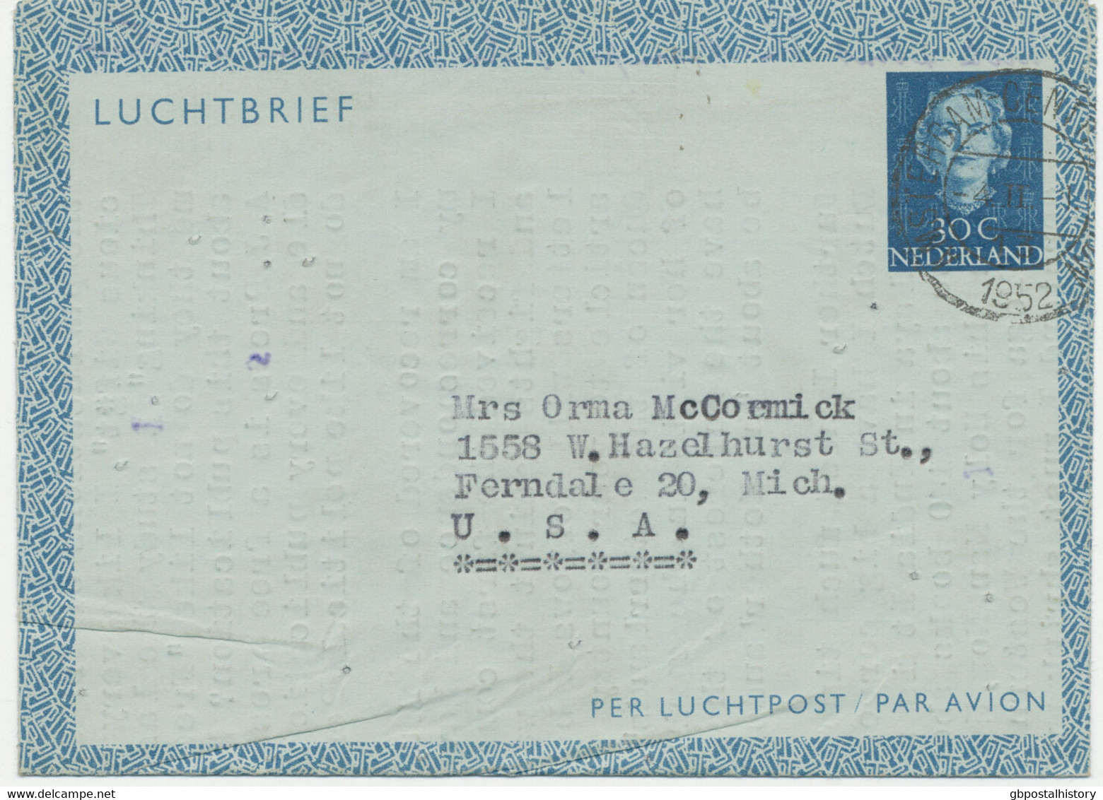 NIEDERLANDE 1952 Queen Juliana 30C Lightblue Air Letter AMSTERDAM–FERNDALE, USA - Poste Aérienne