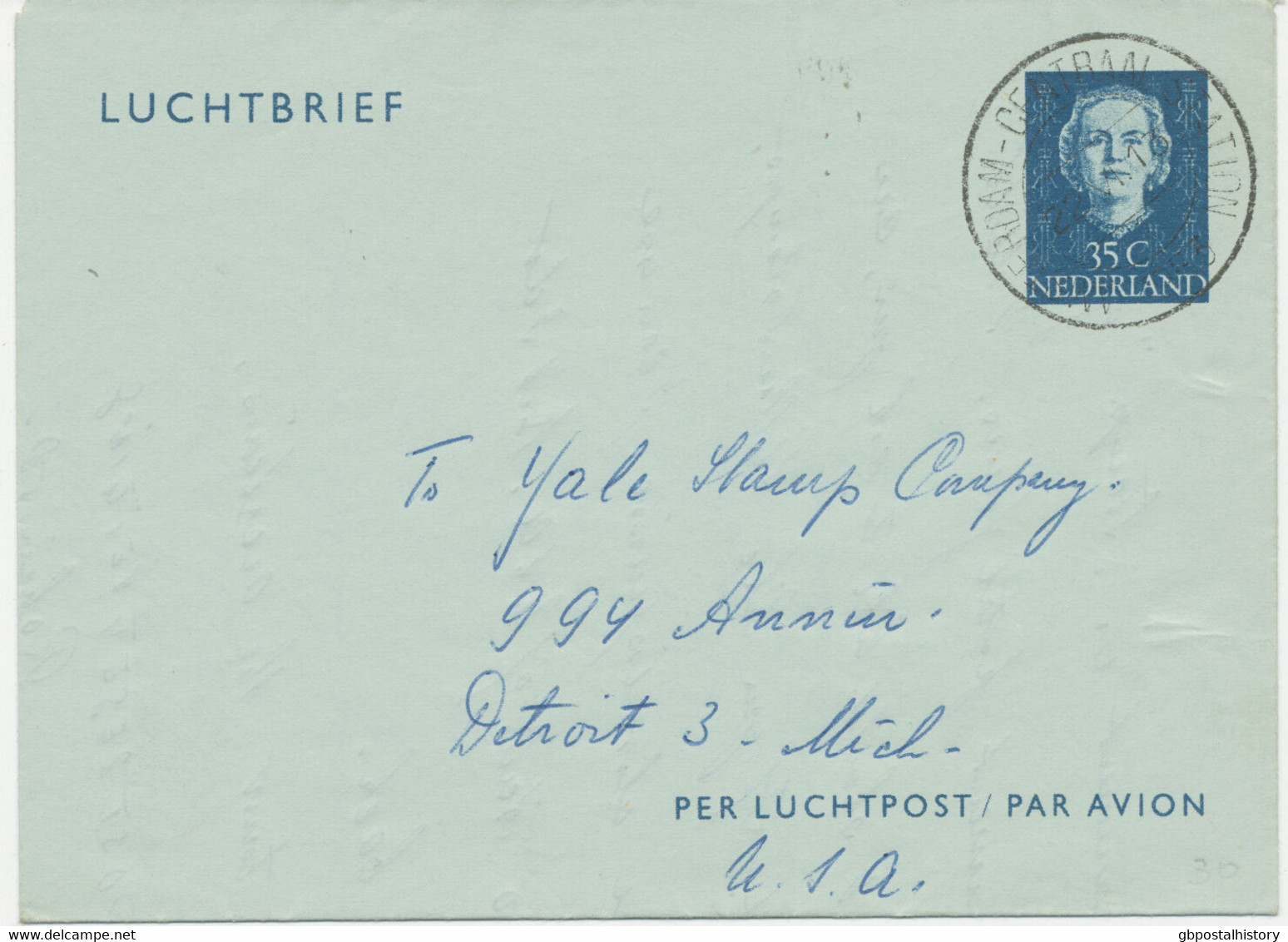 NIEDERLANDE 1953 Queen Juliana 35C Blue Air Letter AMSTERDAM – DETROIT, Michigan - Posta Aerea