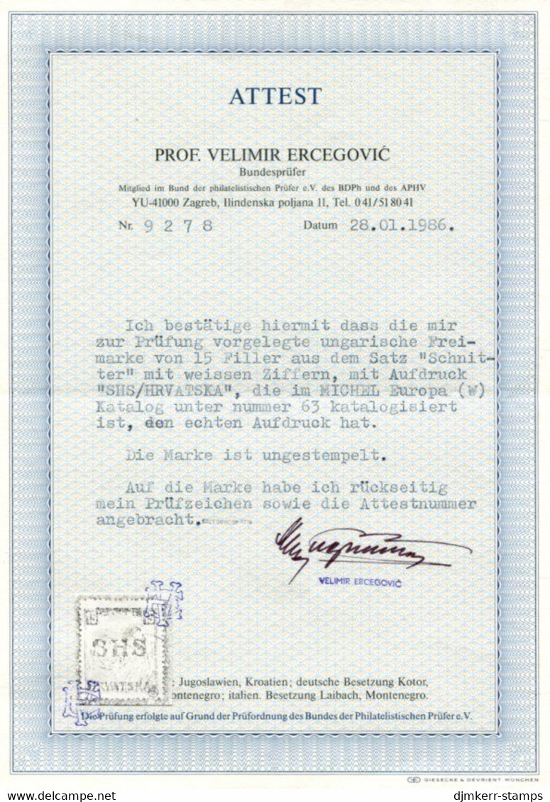YUGOSLAVIA 1918 SHS Overprint For Croatia On Hungary 15f Harvesters MH / *. Michel 63  Ercegovic Certificate. - Nuevos