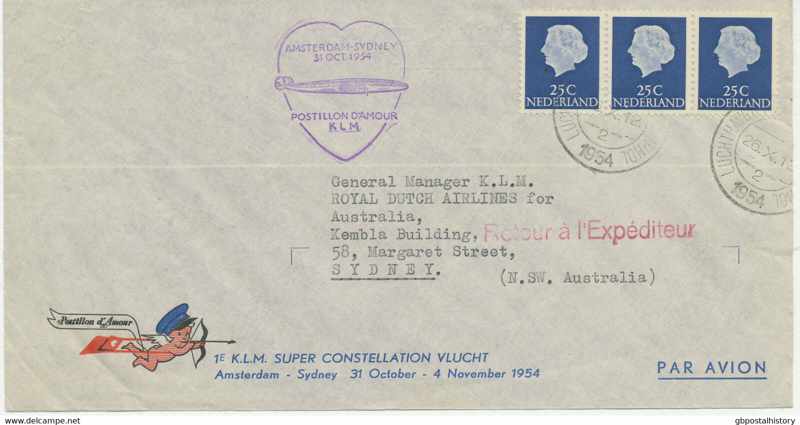 NIEDERLANDE 31.10.1954, Erste KLM Super Constellation Flug "AMSTERDAM - SYDNEY" - Poste Aérienne