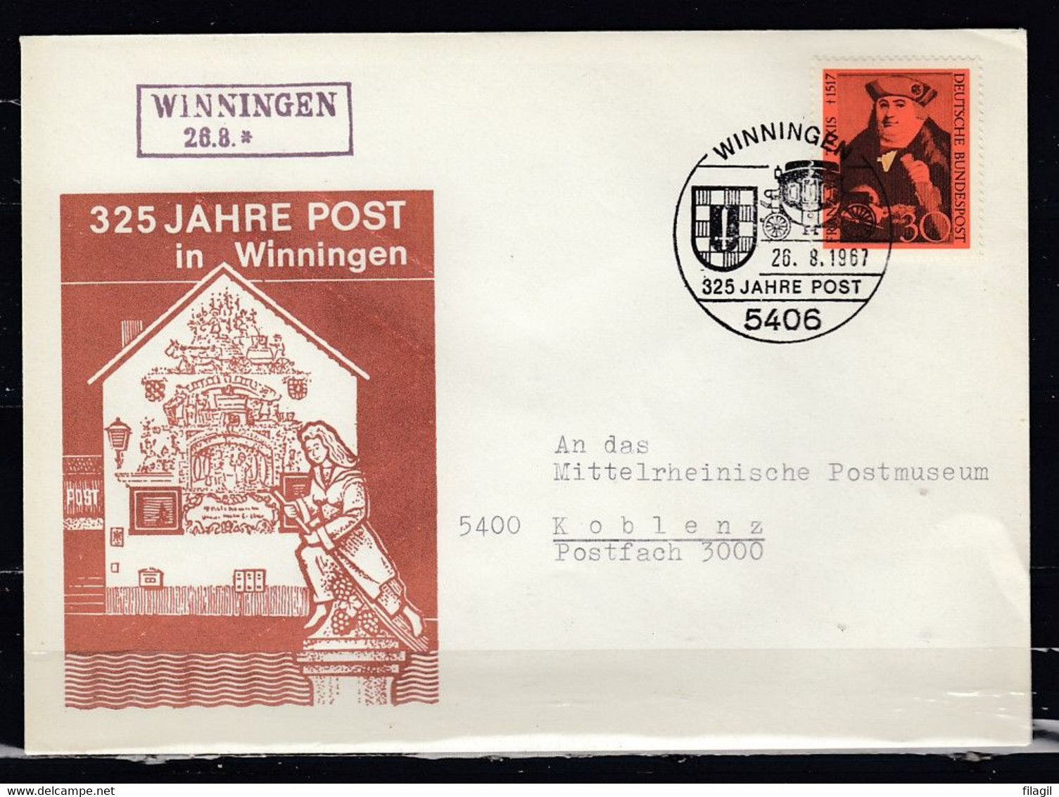 Brief Van 325 Jahre Post In Winningen Naar Koblenz - Covers & Documents