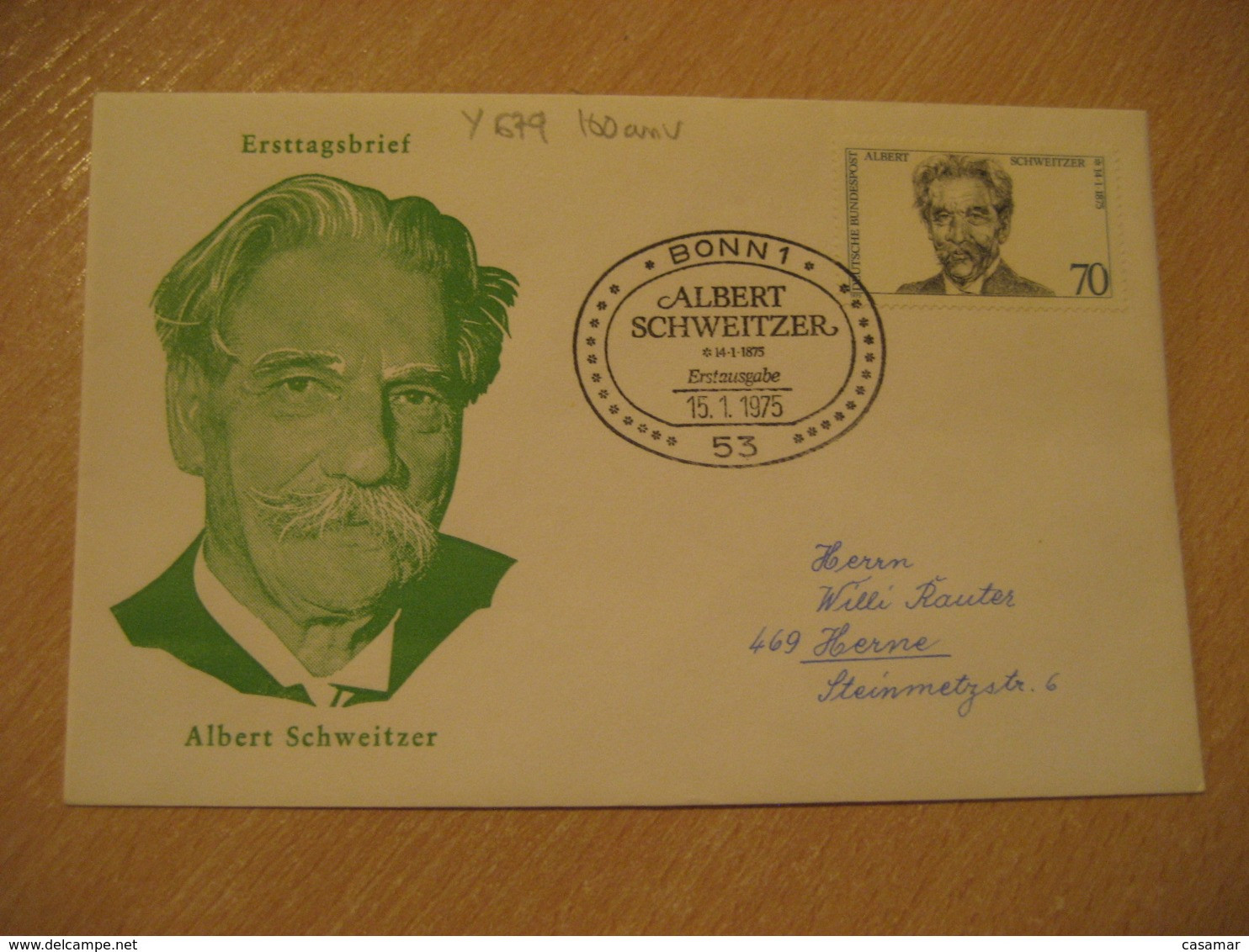 BONN 1975 Albert SCHWEITZER Yvert 679 Centenary Nobel Prize FDC Cancel Cover GERMANY Celebrity Celebrities - Albert Schweitzer