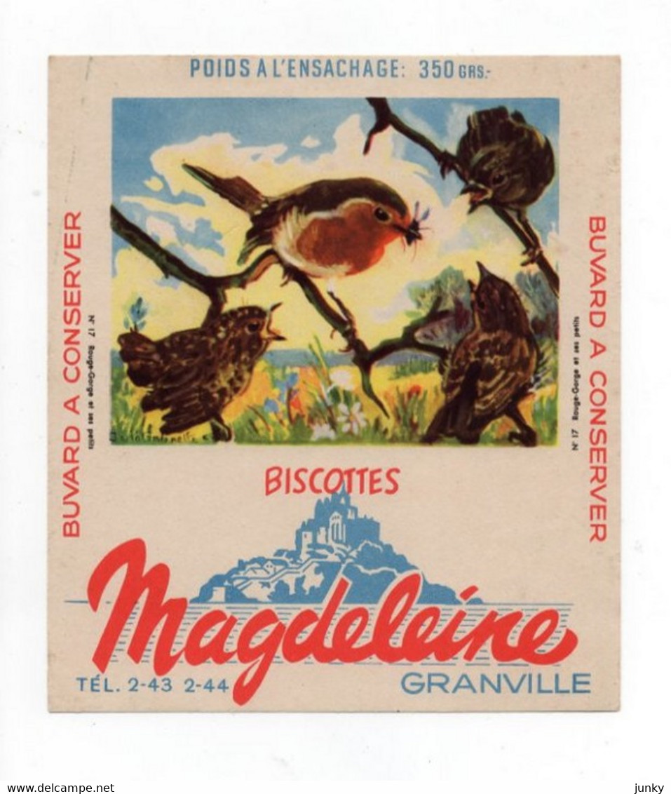 Buvard Biscottes Magdeleine Granville - N° 17 Rouge Gorge Et Ses Petits - Biscottes