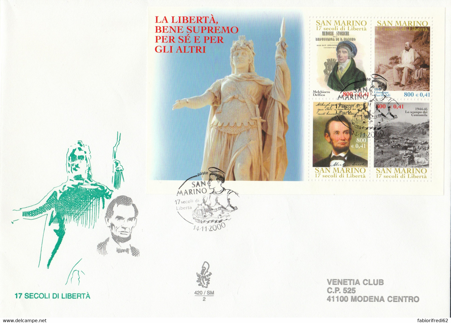 FDC SAN MARINO FOGLIETTO 2000 VENETIA LA LIBERTA' BENE DI SUPREMO (ZY588 - FDC