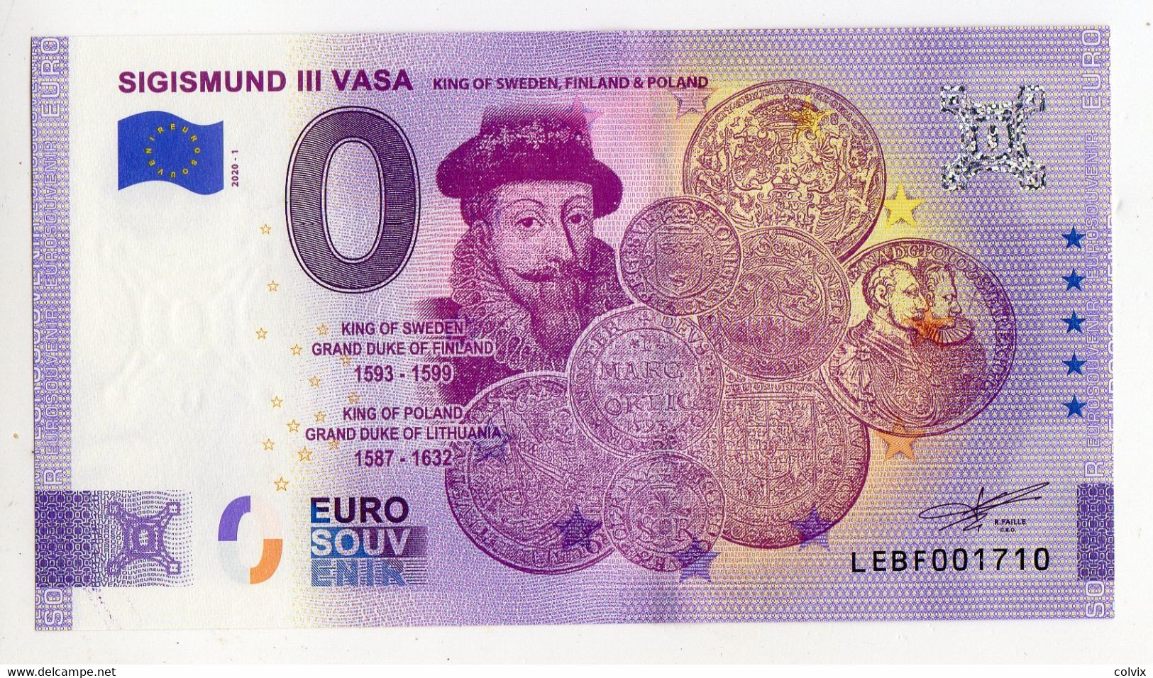 2020-1 BILLET TOURISTIQUE FINLANDE 0 EURO SOUVENIR N° LEBF001710 SIGISMUND III VASA (monnaie) - Pruebas Privadas