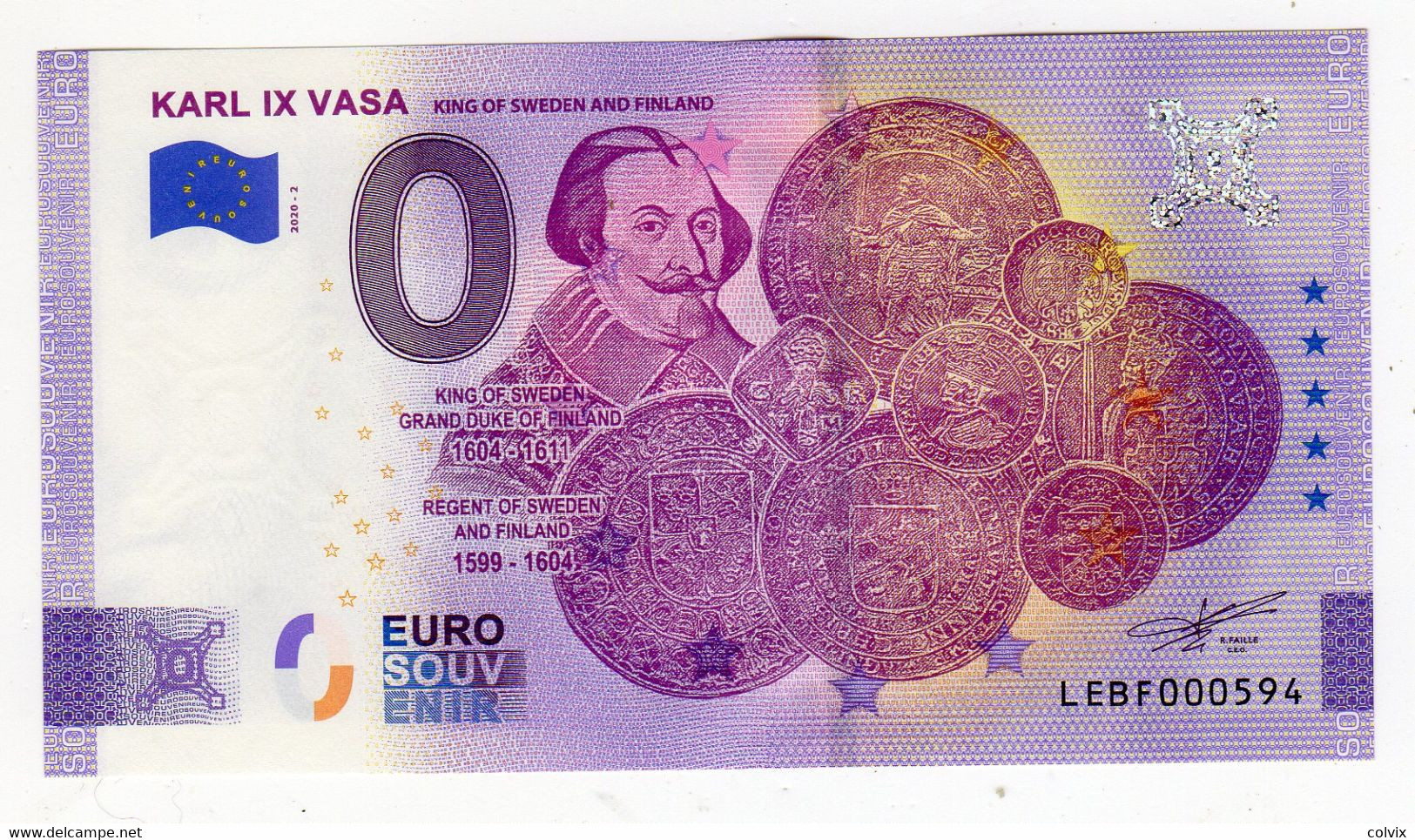 2020-2 BILLET TOURISTIQUE FINLANDE 0 EURO SOUVENIR N° LEBF00594 KARL IX VASA (monnaie) - Pruebas Privadas
